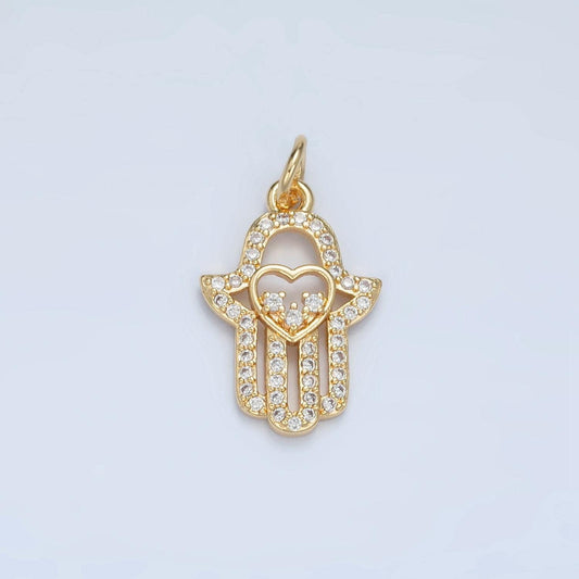 Hamsa hand open heart micro paved cz gold filled charm | e-740
