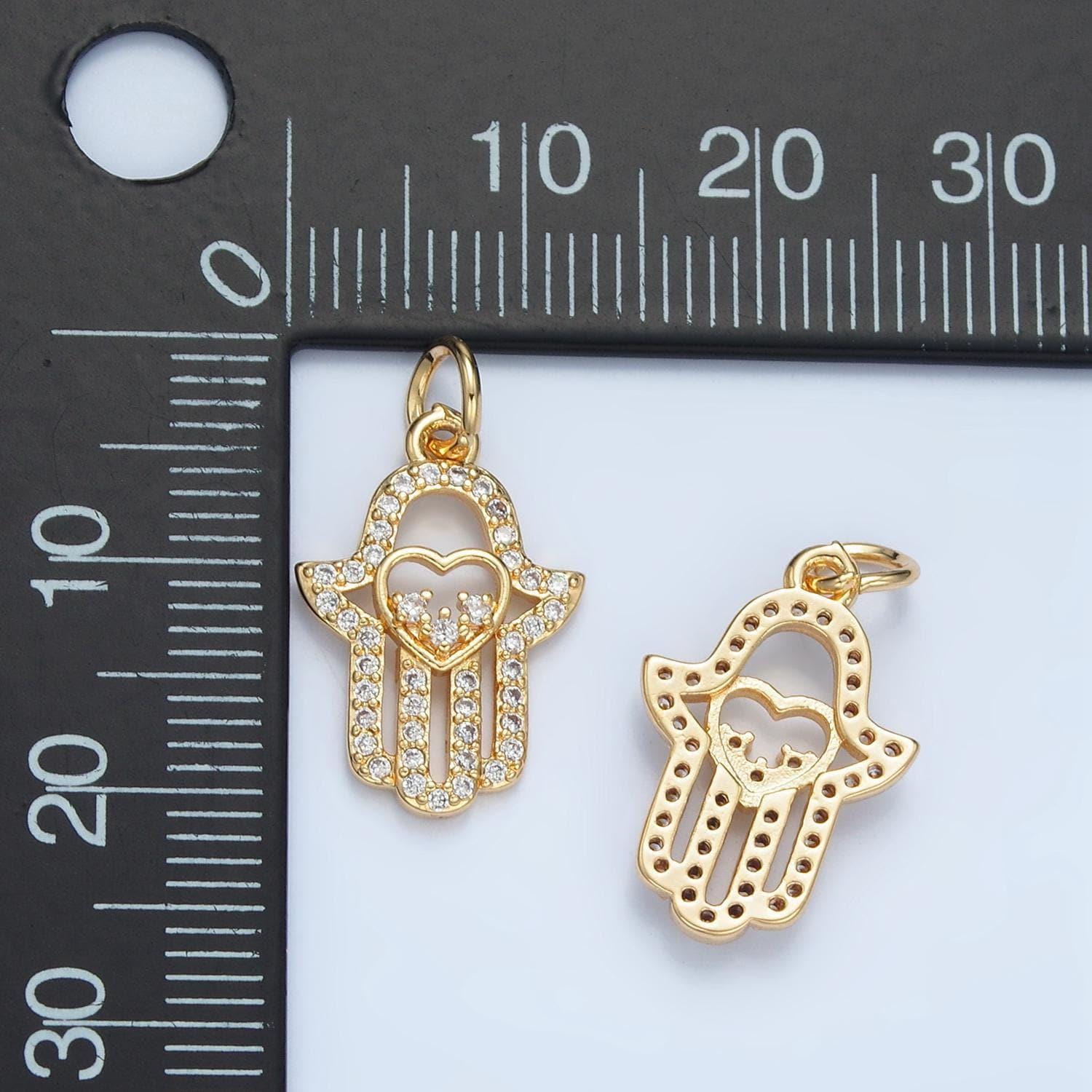 Hamsa hand open heart micro paved cz gold filled charm | e-740