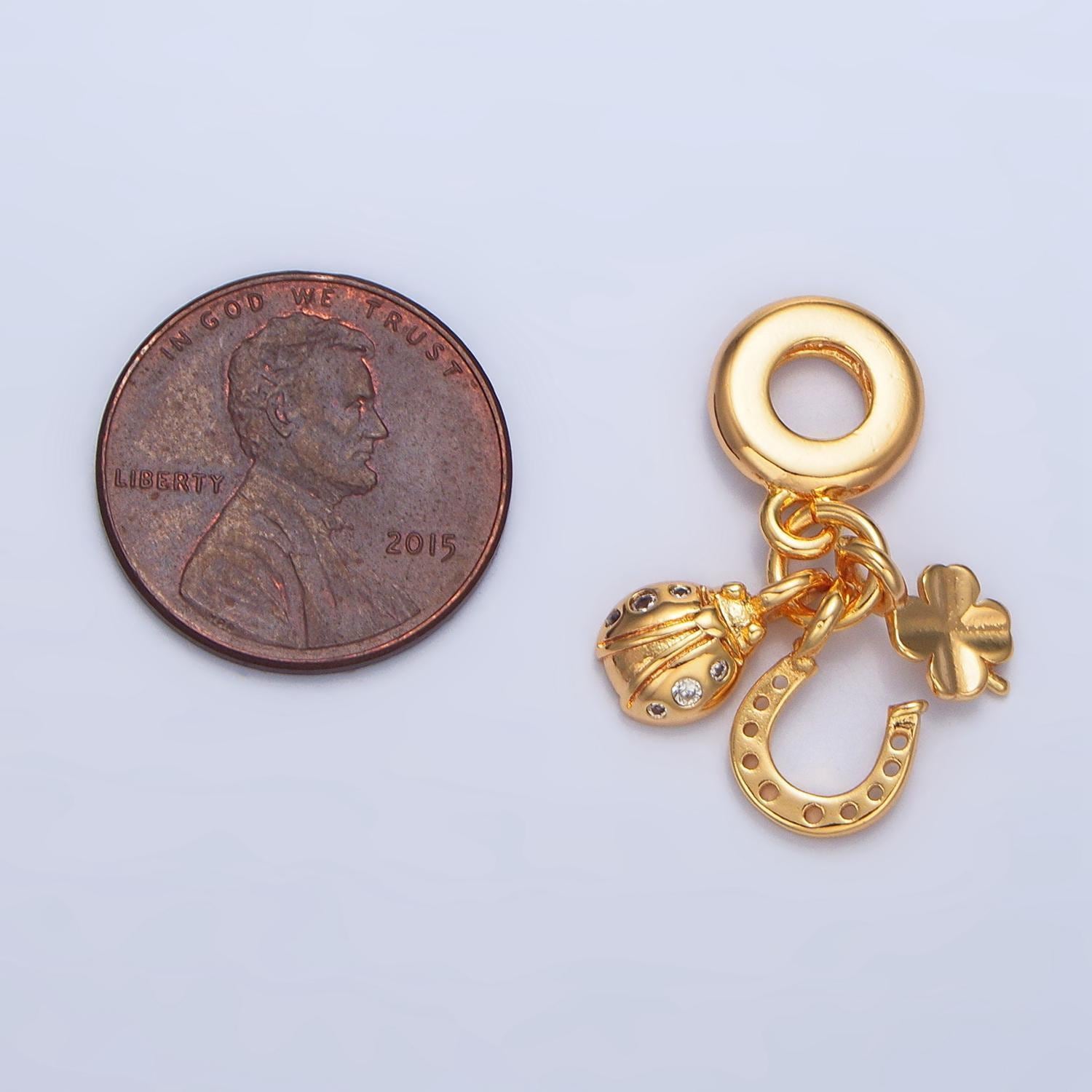 24k gold filled cz clover horseshoe lucky charm theme rondelle bail drop pendant | x743