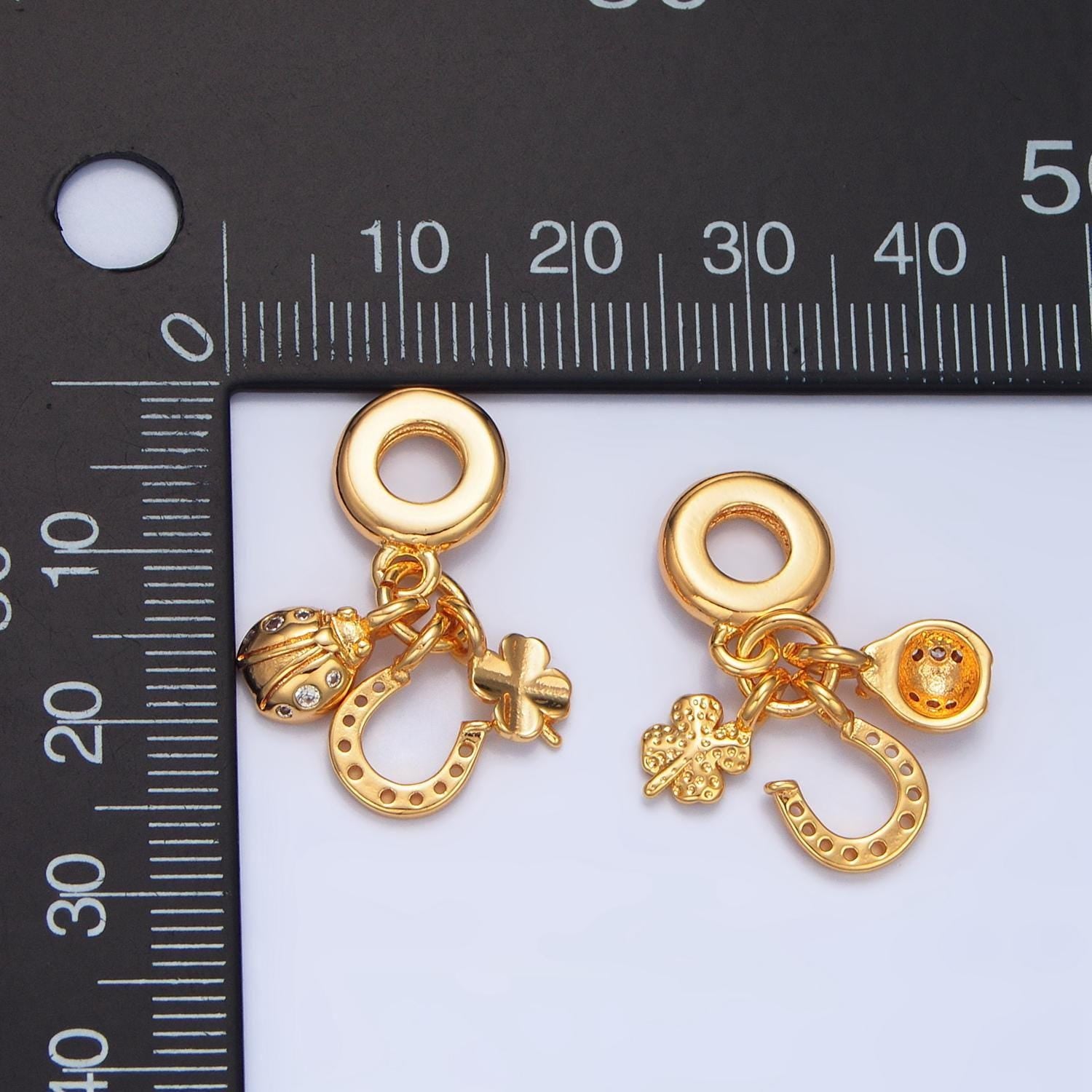 24k gold filled cz clover horseshoe lucky charm theme rondelle bail drop pendant | x743