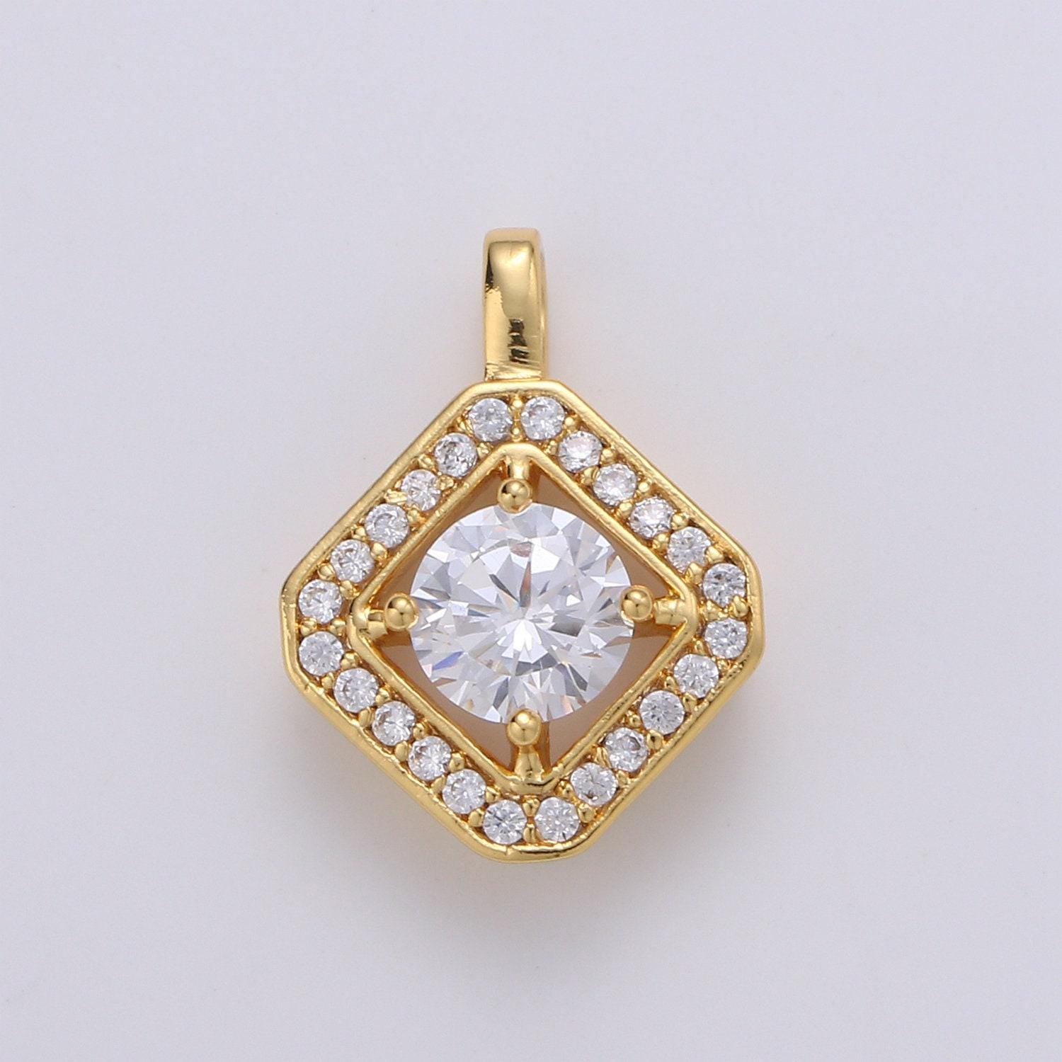 Cluster cubic pave 24k gold charm, solitaire cz pendant ,square cubic mini pendant, dainty bracelet earring necklace charm, pdgf-1942