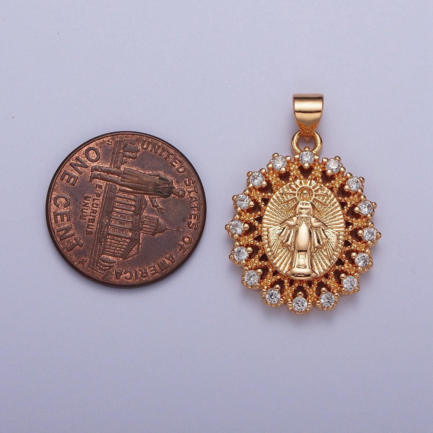 Rosy gold cz virgin mary pendant, 18k gold plated micro paved clear cz sunburst sun rays decorative edge lady of guadalupe charm | h-379