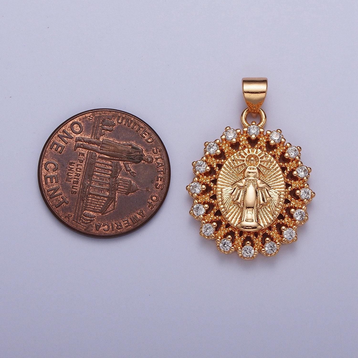 Rosy gold cz virgin mary pendant, 18k gold plated micro paved clear cz sunburst sun rays decorative edge lady of guadalupe charm | h-379
