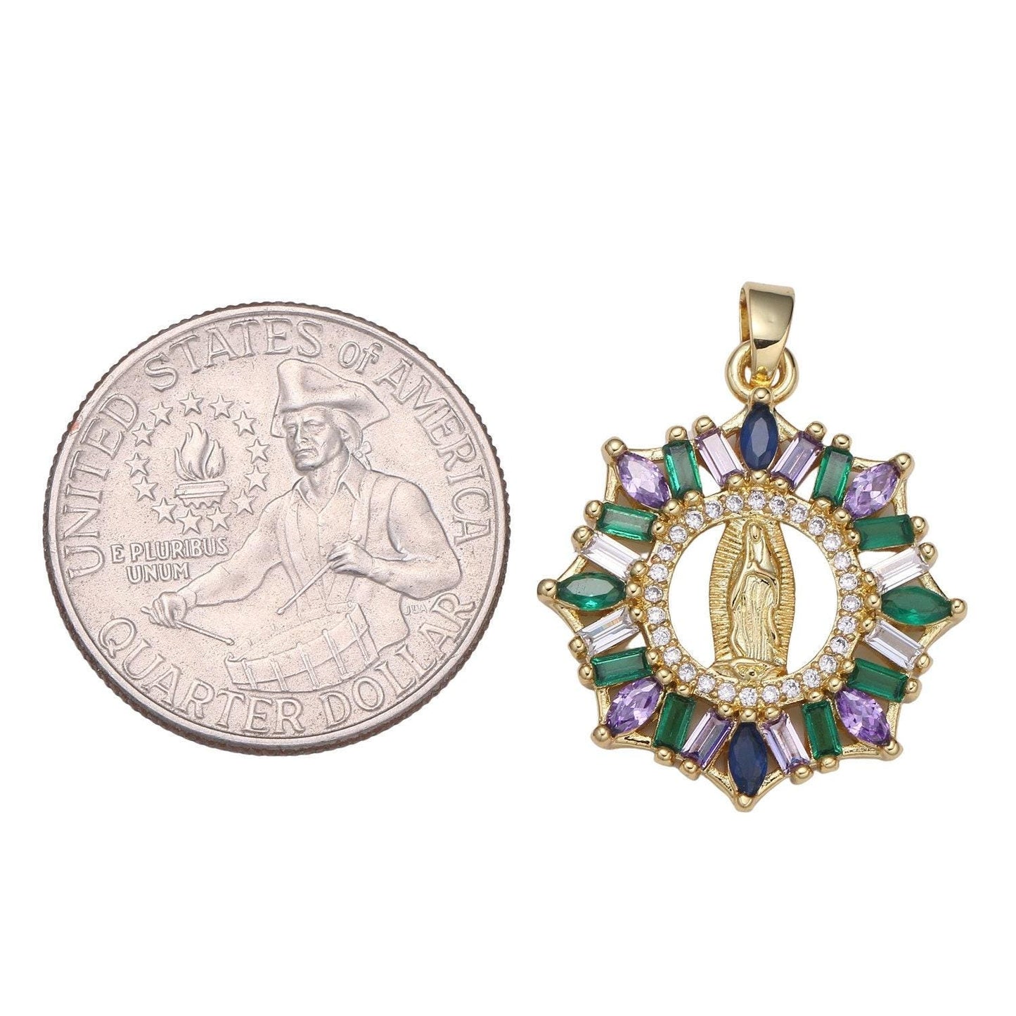 Cz paved gold virgin mother mary pandents, catholic baptism lady guadalupe pendant purple green cubic medallion religious jewelry craft j262