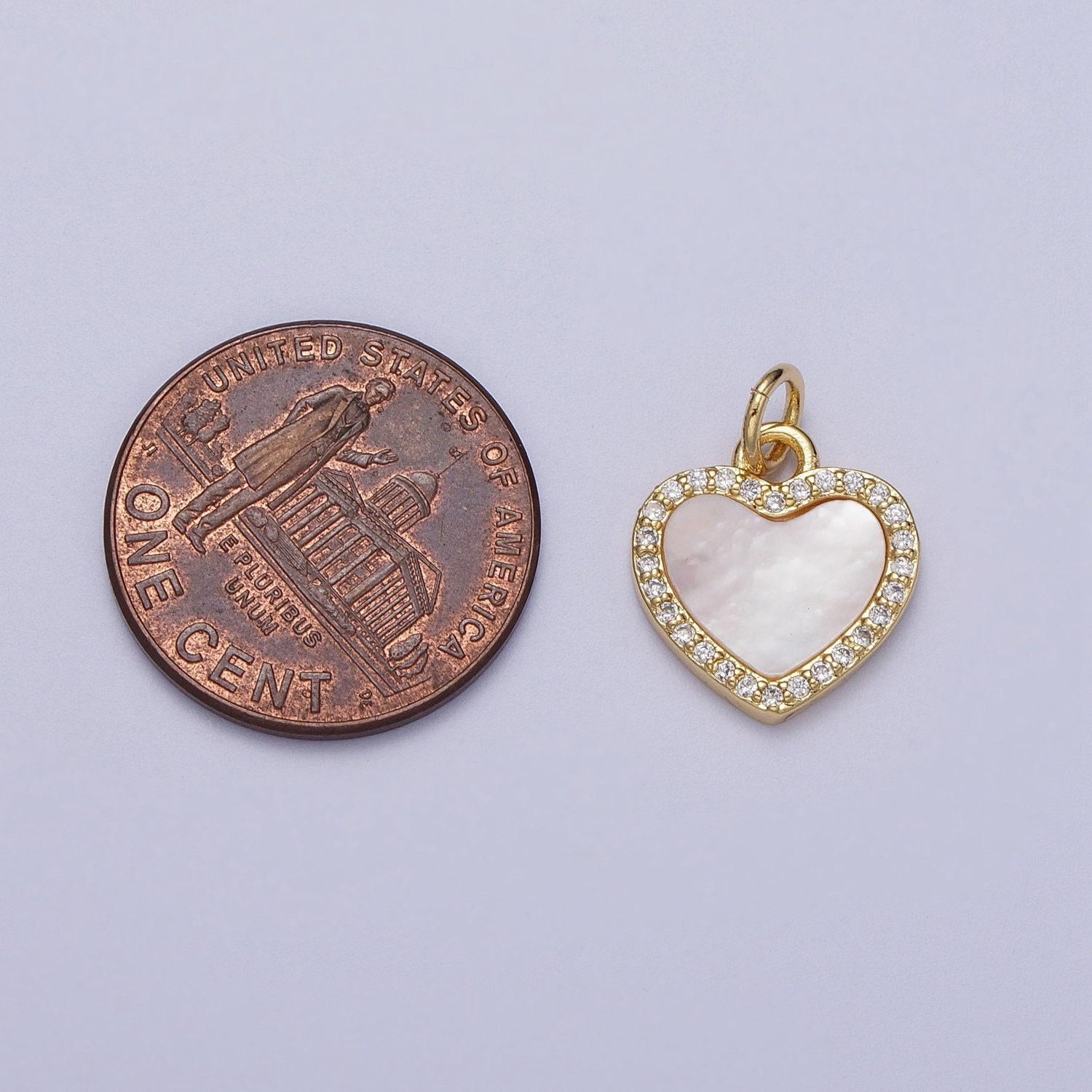 Dainty heart charm 14k gold filled micro paved shell pearl heart love charm | e548 e552 e553
