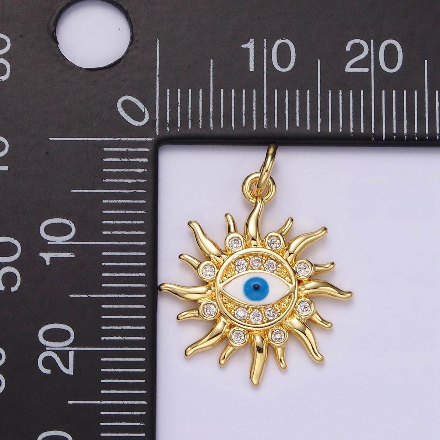 14k gold filled blue evil eye enamel celestial sun crescent moon charm in gold & silver | n1169 n1170