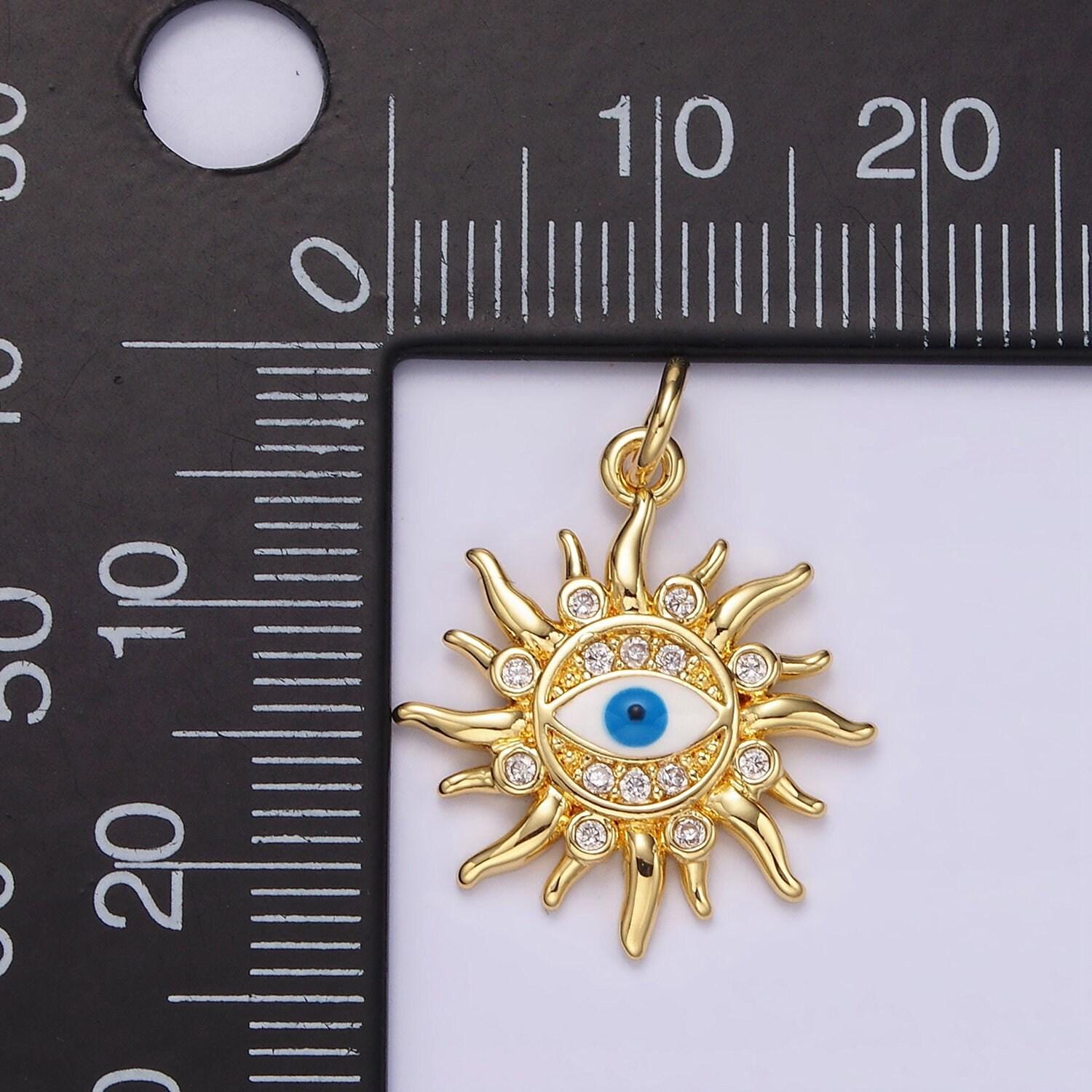 14k gold filled blue evil eye enamel celestial sun crescent moon charm in gold & silver | n1169 n1170