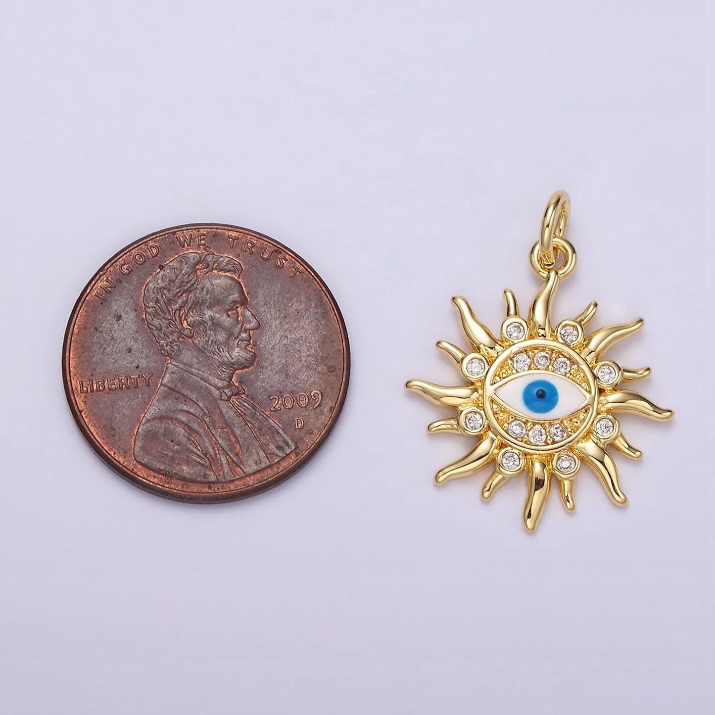 14k gold filled blue evil eye enamel celestial sun crescent moon charm in gold & silver | n1169 n1170