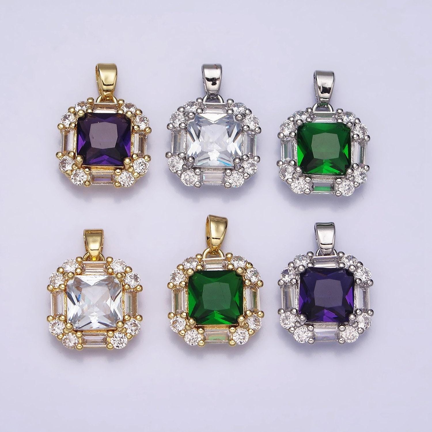 16k gold filled clear, green, purple cz square emerald cut pendant in gold & silver | aa487 - aa492