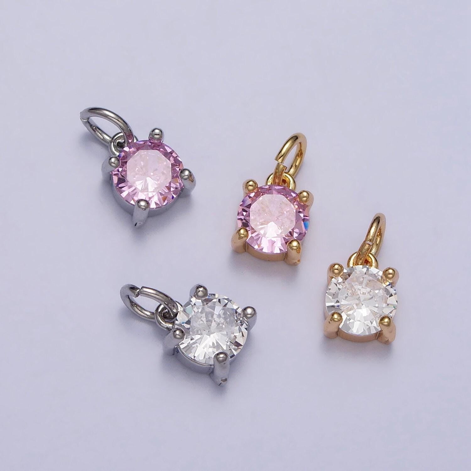 Gold solitaire round cut pendant | classy round pendant set with cz 6mm cubic stone for minimalist jewelry making supply pink clear ac121