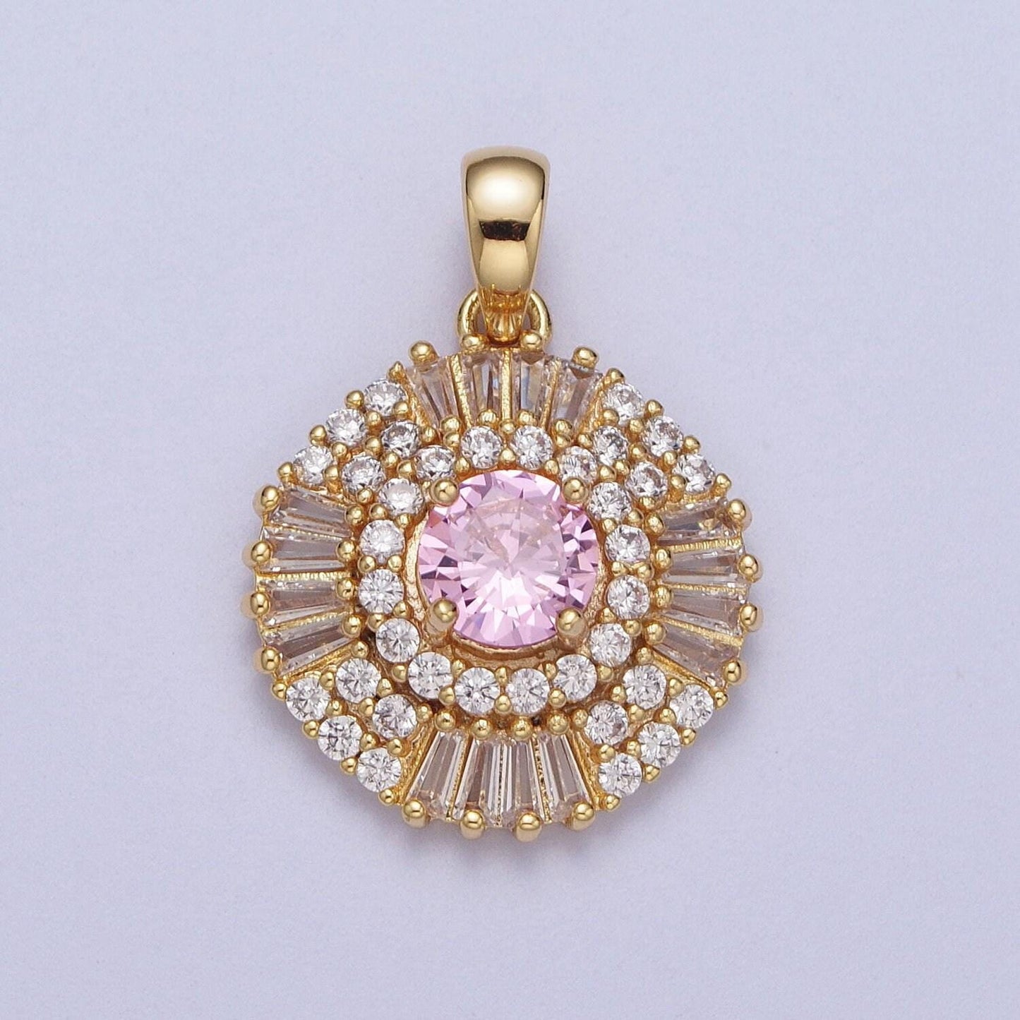 Elegant gold cz crystals circle pendant, 24k gold filled pink/clear/green diamond micro paved clear cz baguette stones round charm | x-693