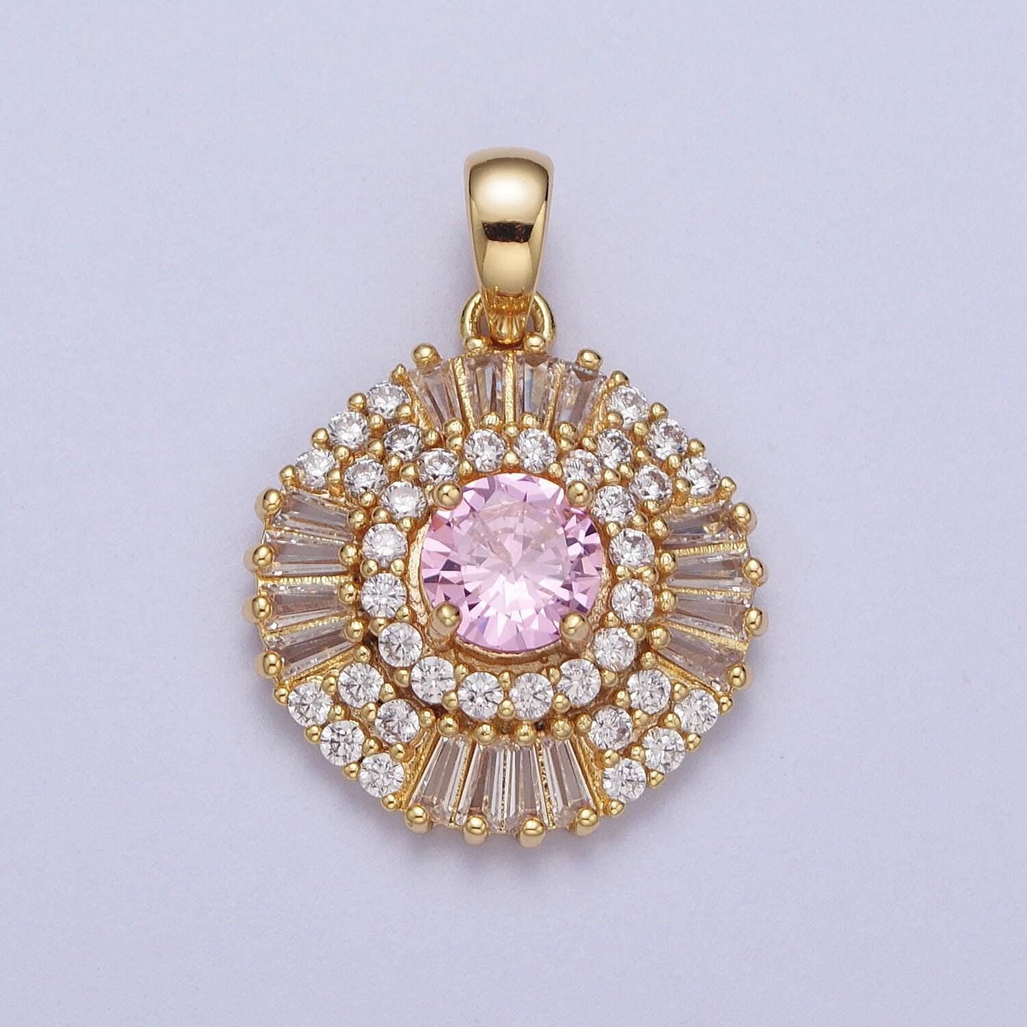 Elegant gold cz crystals circle pendant, 24k gold filled pink/clear/green diamond micro paved clear cz baguette stones round charm | x-693