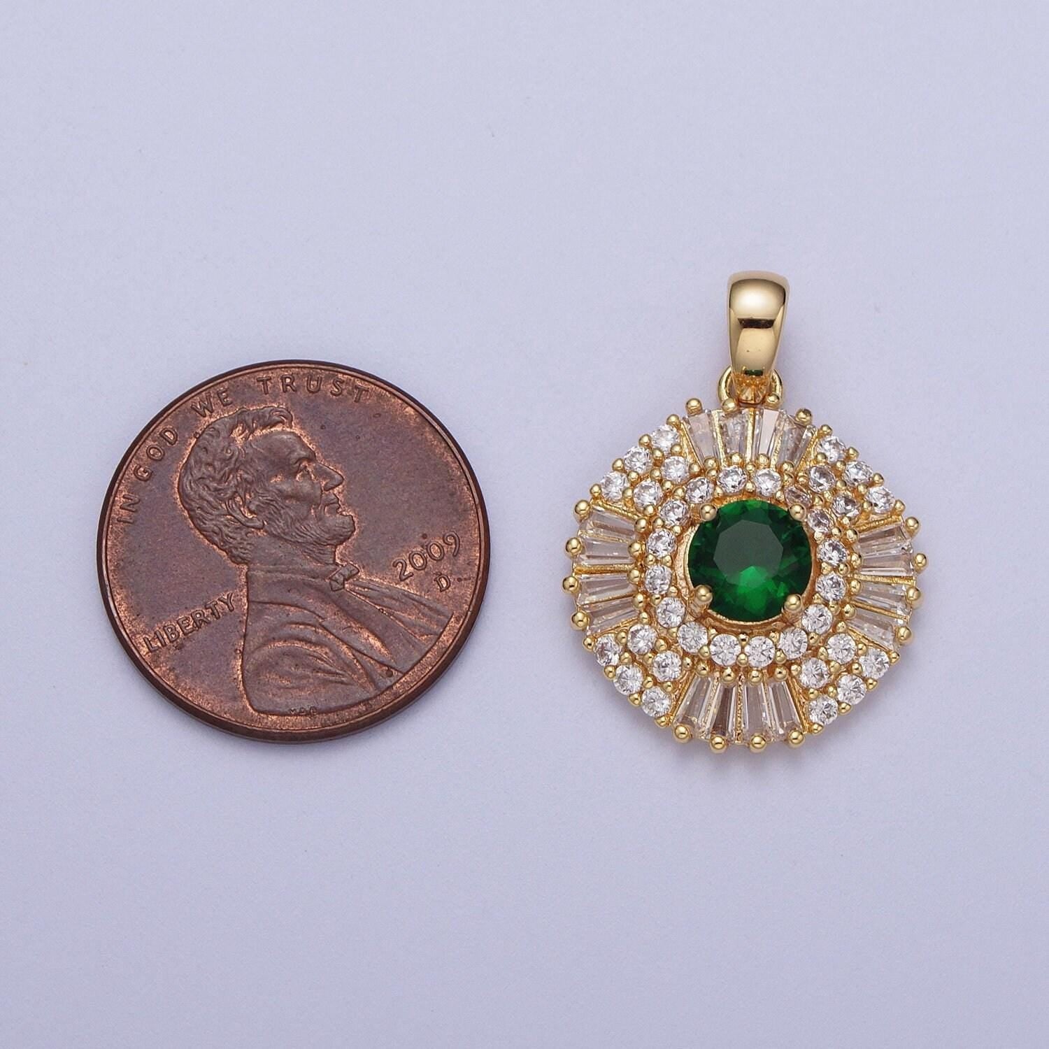 Elegant gold cz crystals circle pendant, 24k gold filled pink/clear/green diamond micro paved clear cz baguette stones round charm | x-693