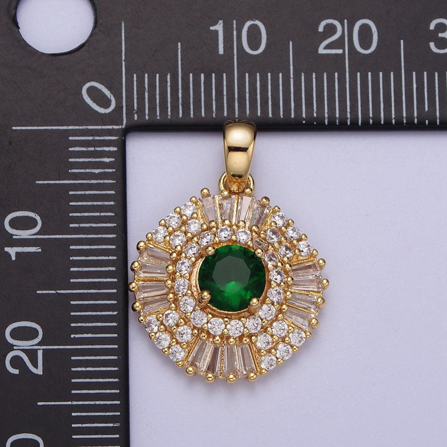 Elegant gold cz crystals circle pendant, 24k gold filled pink/clear/green diamond micro paved clear cz baguette stones round charm | x-693
