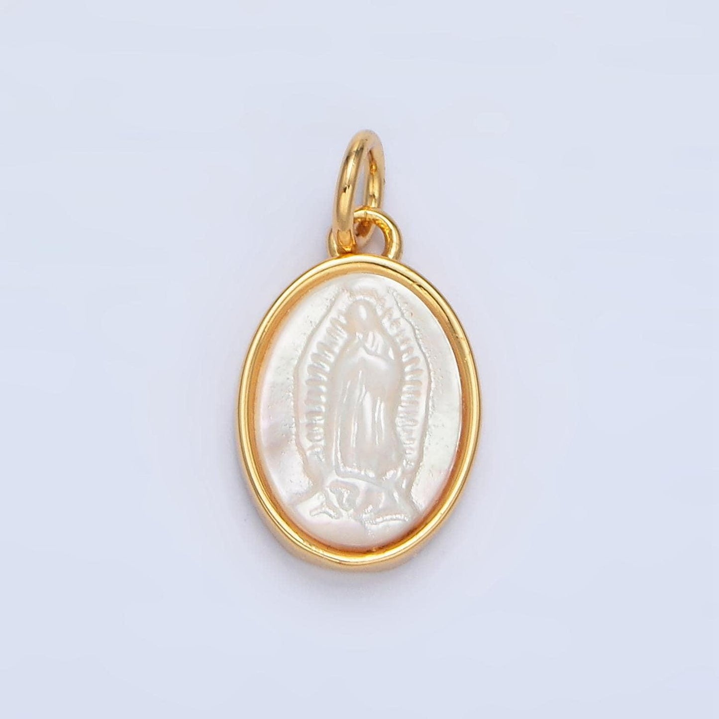 Mini oval holy mary guadalupe shell pearl, 24k gold filled charm | x-604