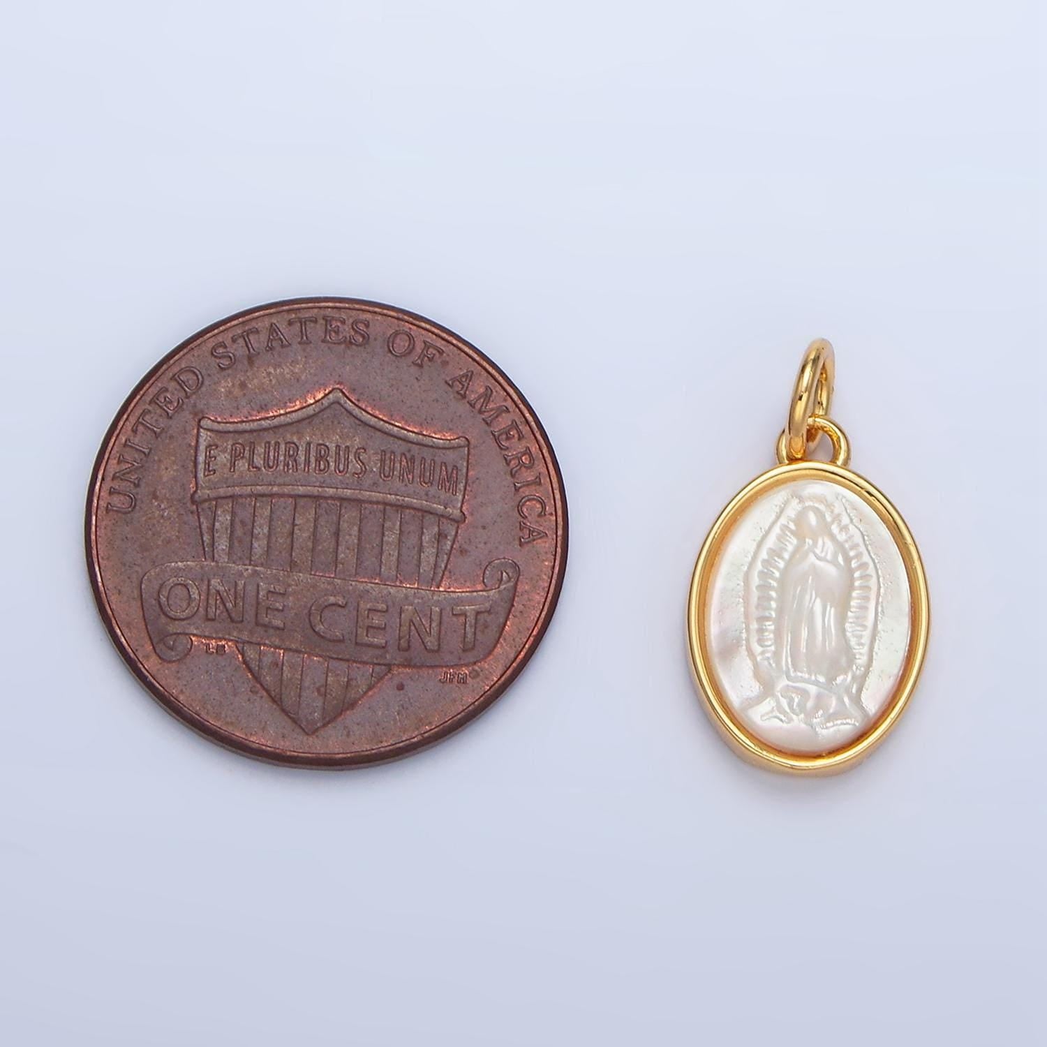 Mini oval holy mary guadalupe shell pearl, 24k gold filled charm | x-604