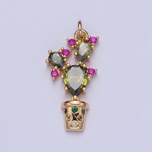 Dainty cz potted cactus pendant, 16k gold filled colored micro pave cubic zirconia stones cacti charms for jewelry diy making | ag-091