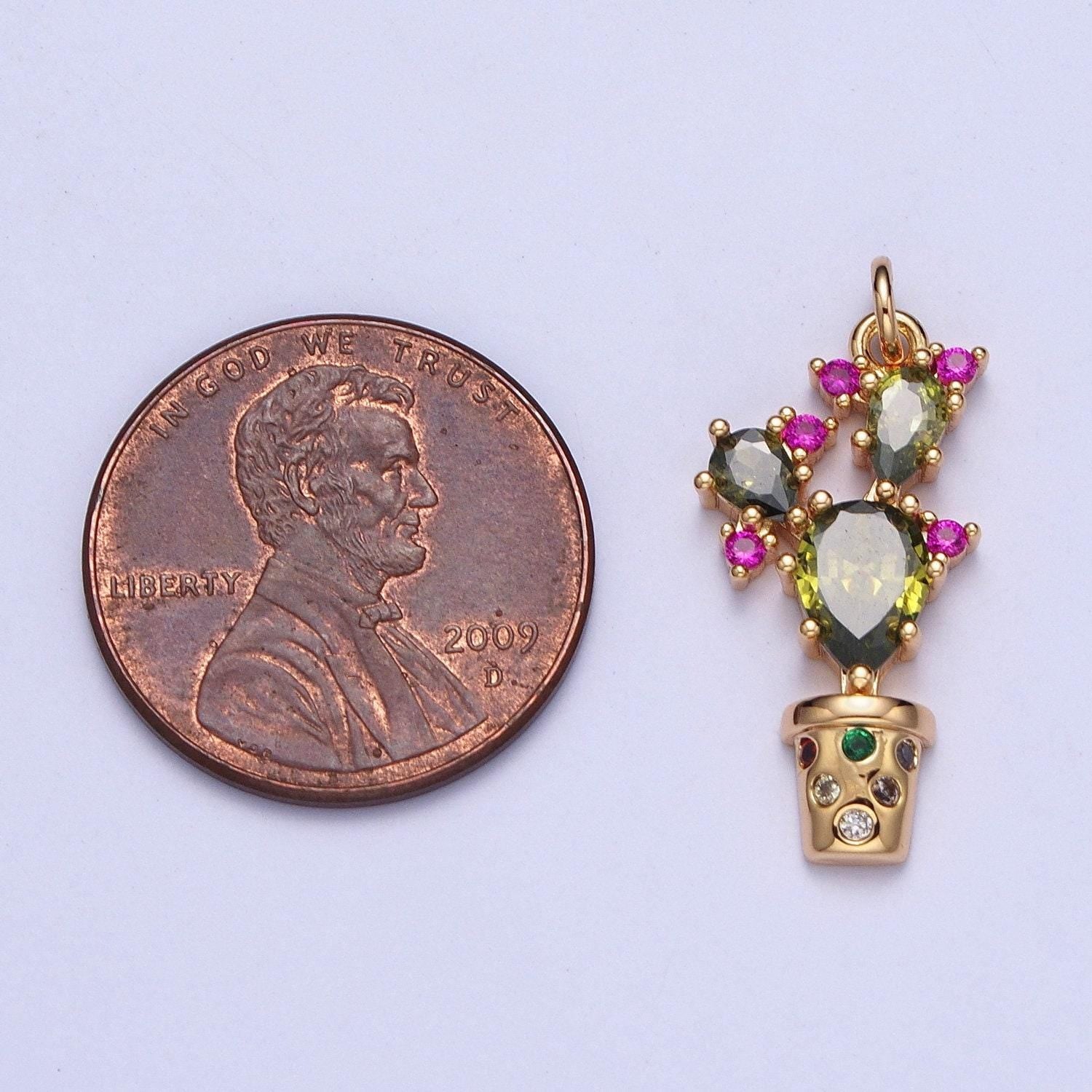 Dainty cz potted cactus pendant, 16k gold filled colored micro pave cubic zirconia stones cacti charms for jewelry diy making | ag-091