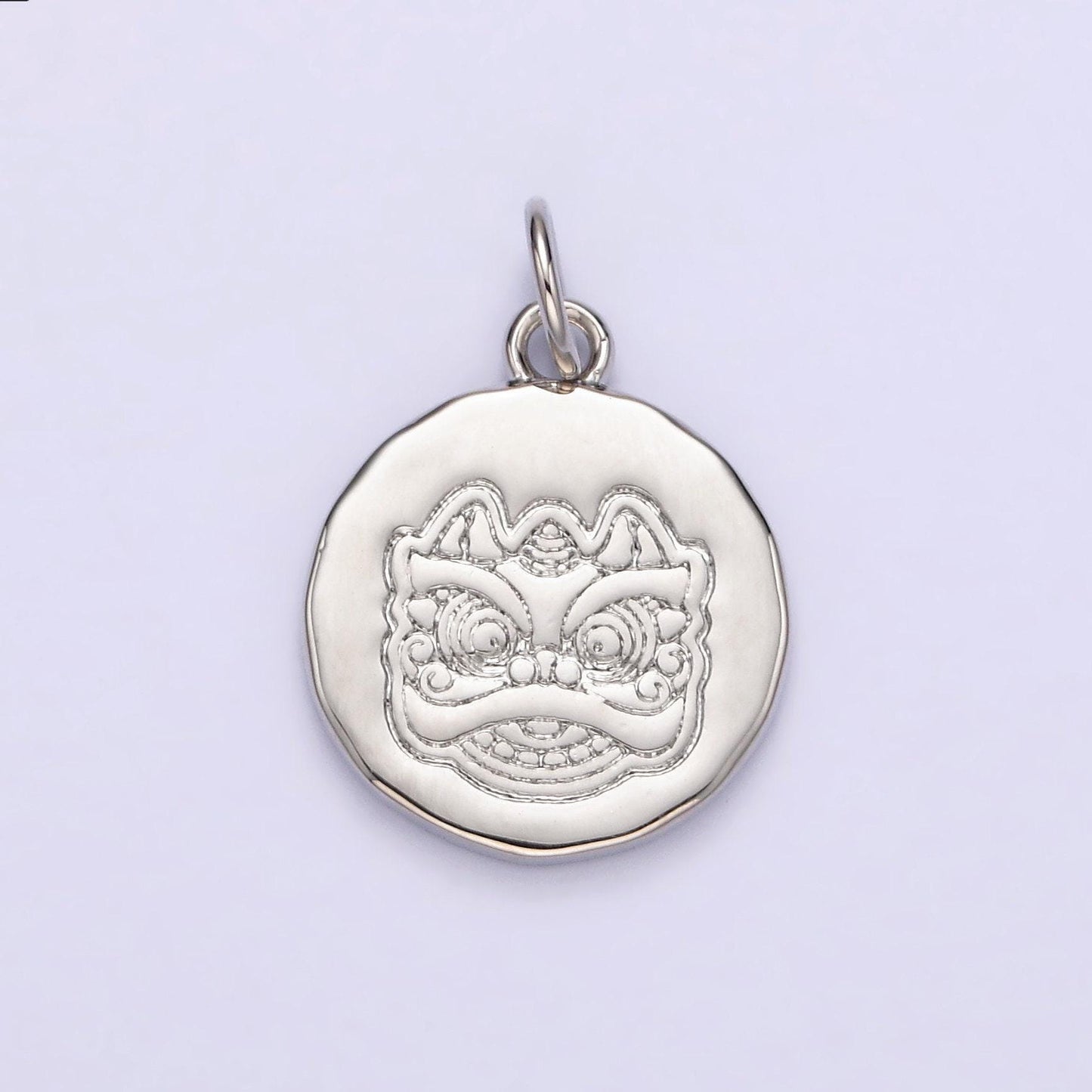 14k gold filled guardian lion engraved round charm in gold & silver chinese new year jewelry inspired | n1515 n1516