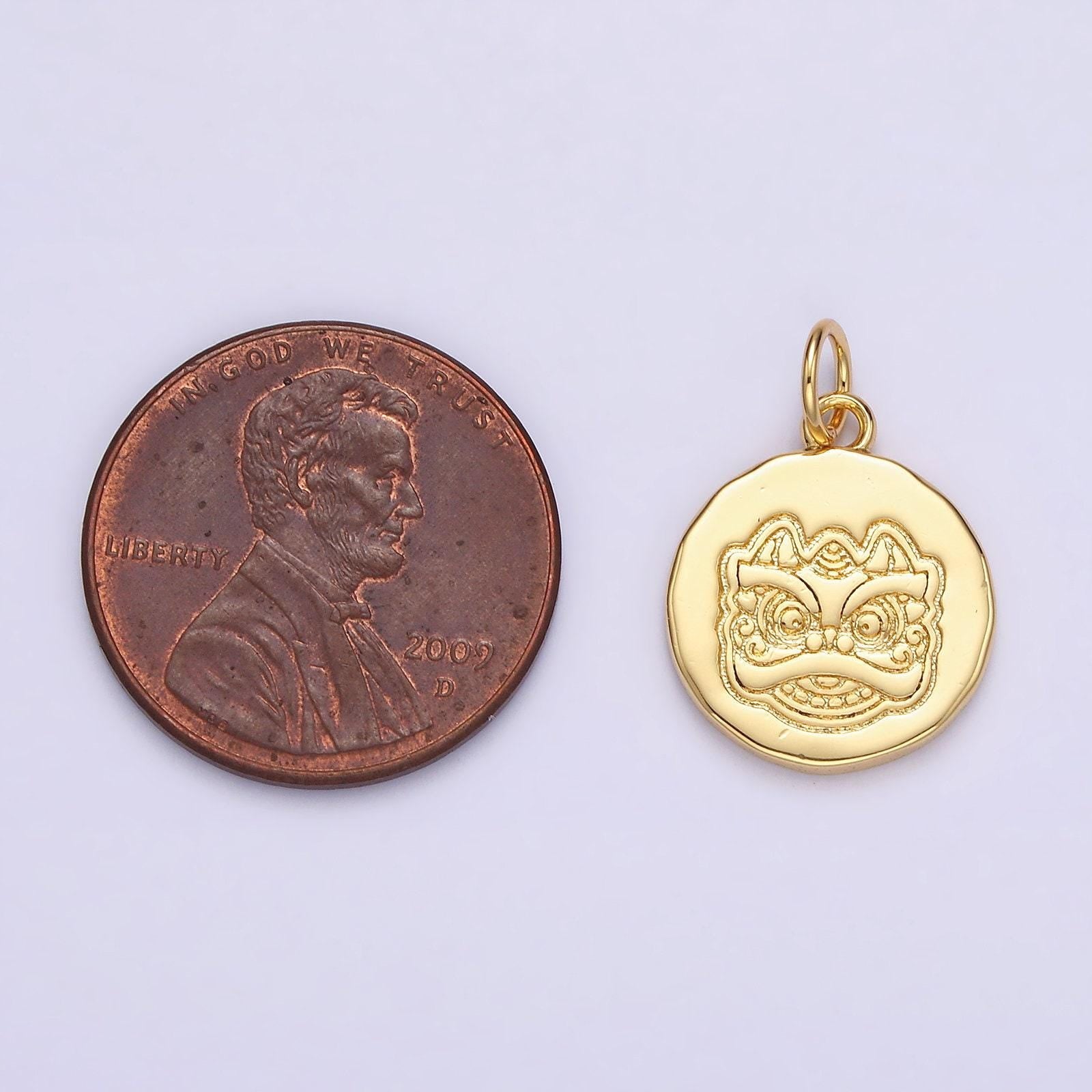 14k gold filled guardian lion engraved round charm in gold & silver chinese new year jewelry inspired | n1515 n1516