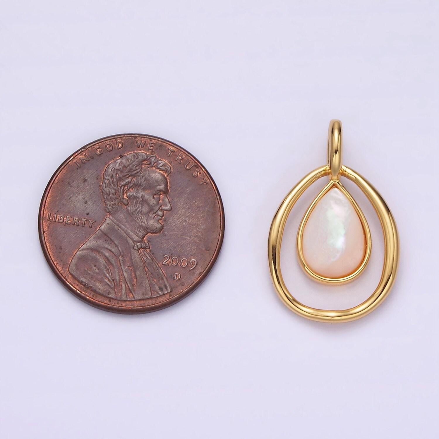 14k gold filled shell pearl teardrop double bezel open pendant | n1804