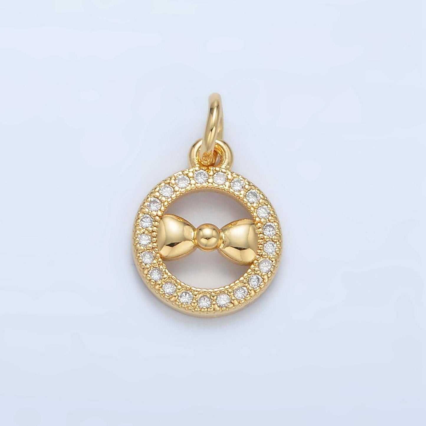 Mini gold filled bow in open round pendant micro paved cz | x-295