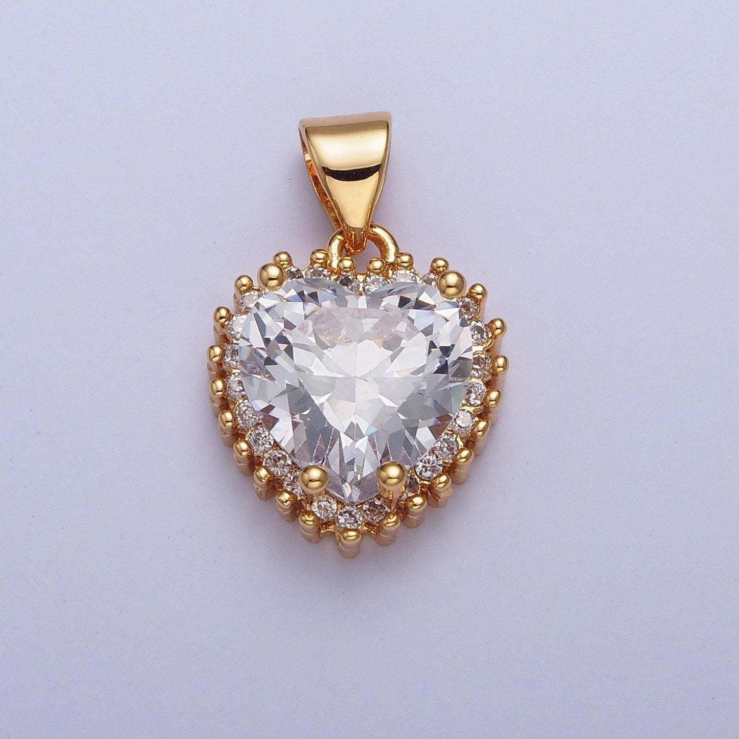 24k gold filled mini heart diamond cz clear stone pendant, beaded texture edges, charm dainty crystal cz stone for necklace bracelet | x-445