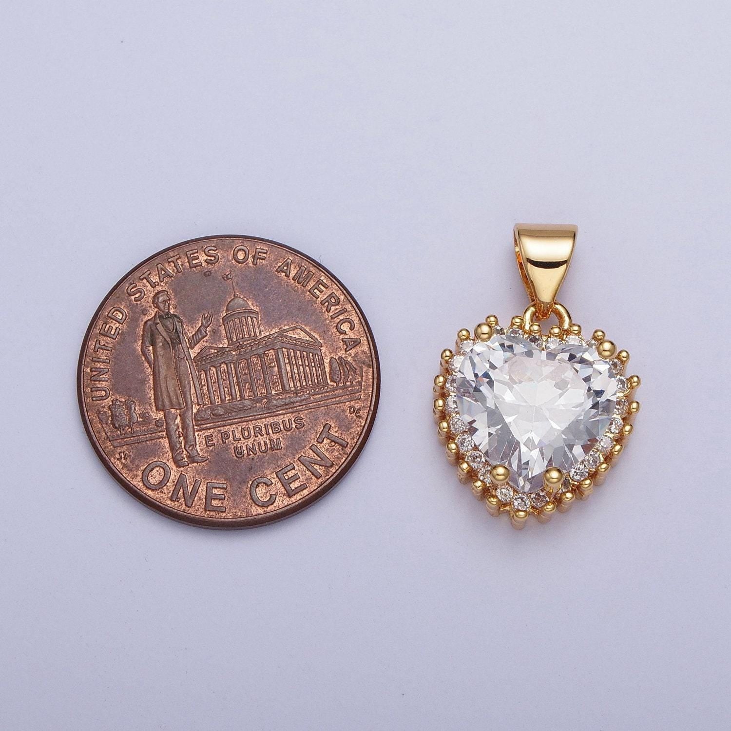 24k gold filled mini heart diamond cz clear stone pendant, beaded texture edges, charm dainty crystal cz stone for necklace bracelet | x-445