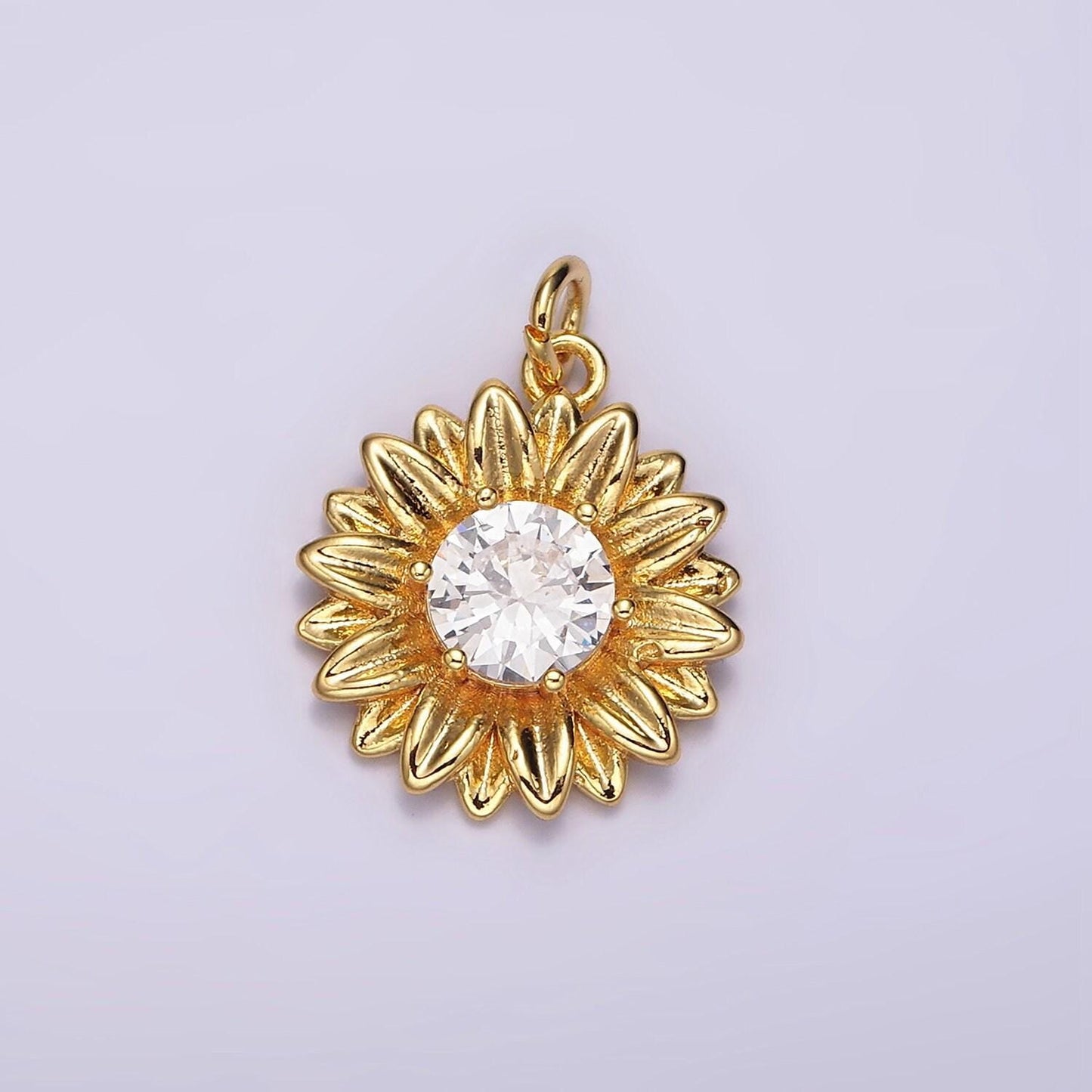 14k gold filled clear round cz sunflower nature charm | ac858