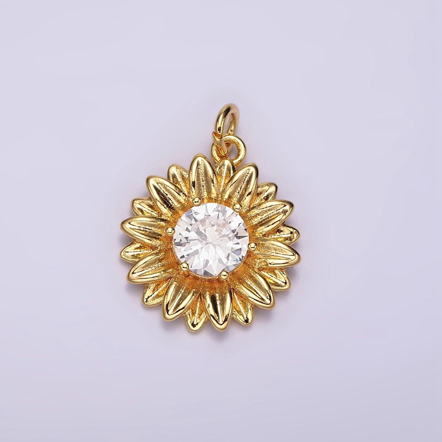 14k gold filled clear round cz sunflower nature charm | ac858