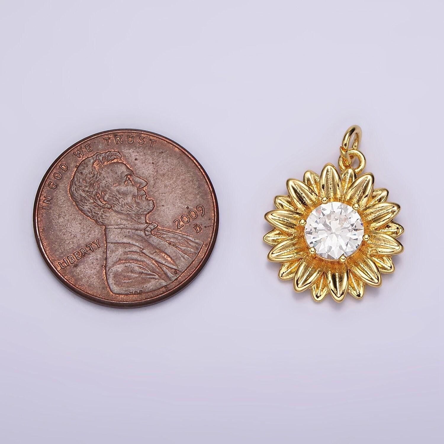 14k gold filled clear round cz sunflower nature charm | ac858