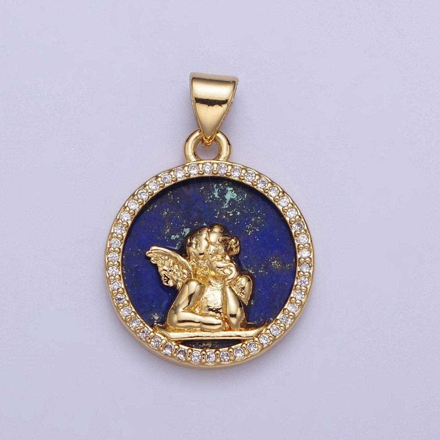 Gold blue lapiz winged angel coin medallion pendant, 24k gold filled round micro pave cz child angel charm for jewelry making | x-427