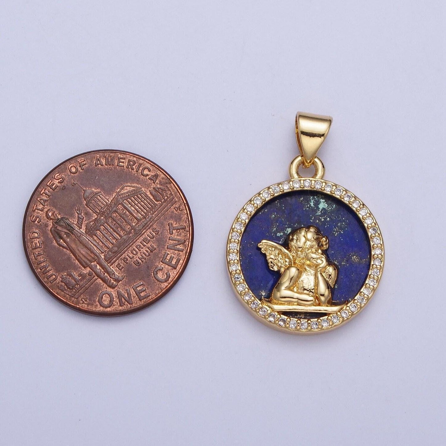 Gold blue lapiz winged angel coin medallion pendant, 24k gold filled round micro pave cz child angel charm for jewelry making | x-427
