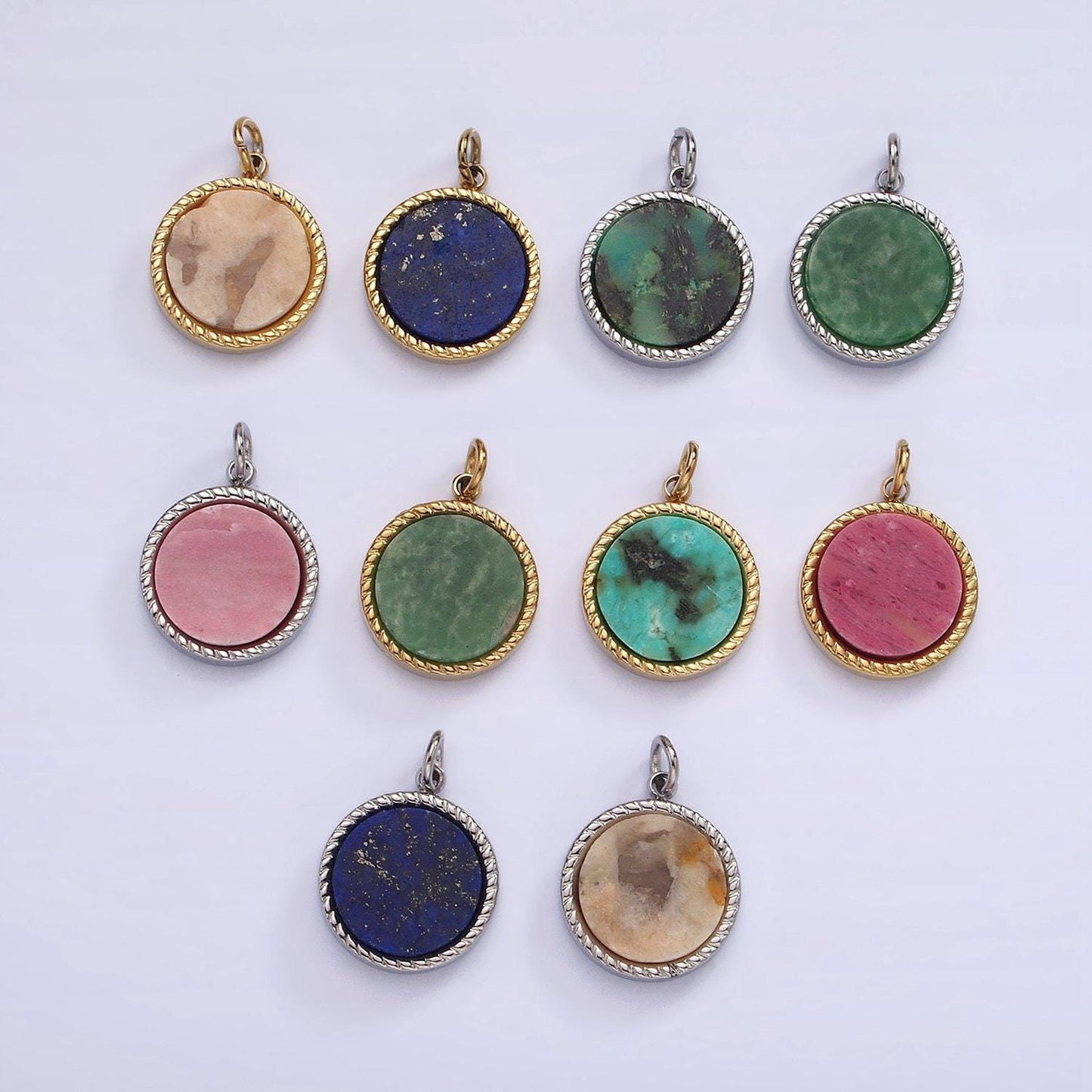 Stainless steel lapis lazuli, sunstone, zoisite, tourmaline, aventurine braided round charm in gold & silver | p698 - p707