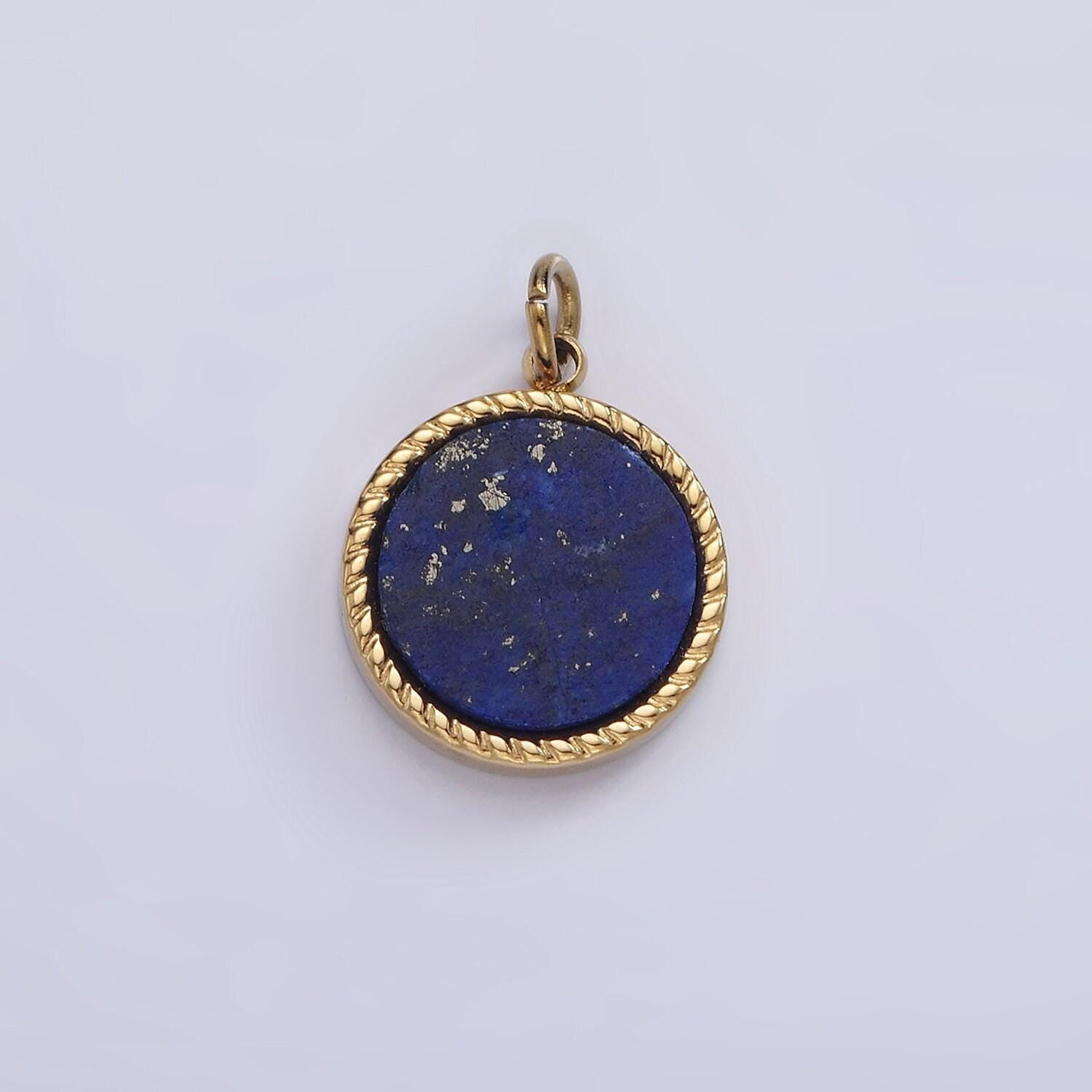 Stainless steel lapis lazuli, sunstone, zoisite, tourmaline, aventurine braided round charm in gold & silver | p698 - p707