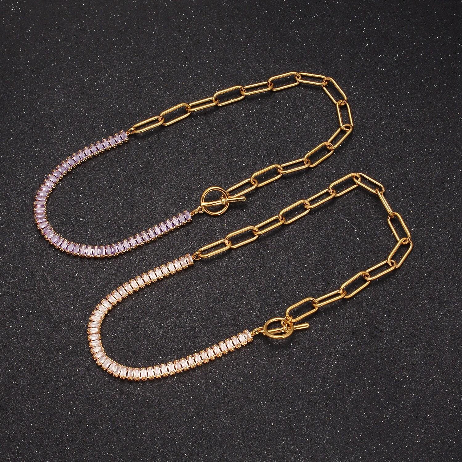 Half baguette tennis chain cz half paperclip gold filled chain necklace with toggle clasps, 15 inch fusion choker necklace, wa-945