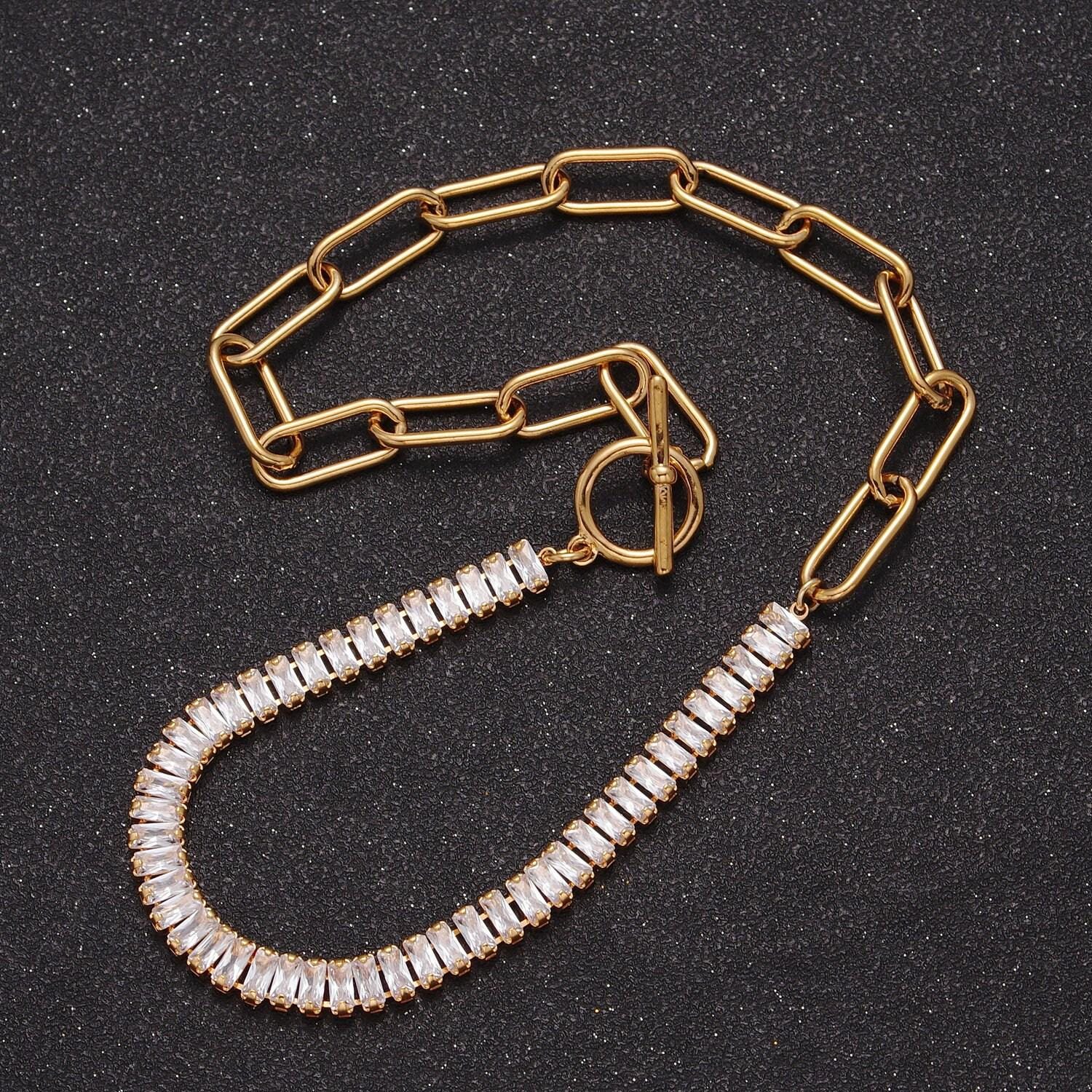 Half baguette tennis chain cz half paperclip gold filled chain necklace with toggle clasps, 15 inch fusion choker necklace, wa-945