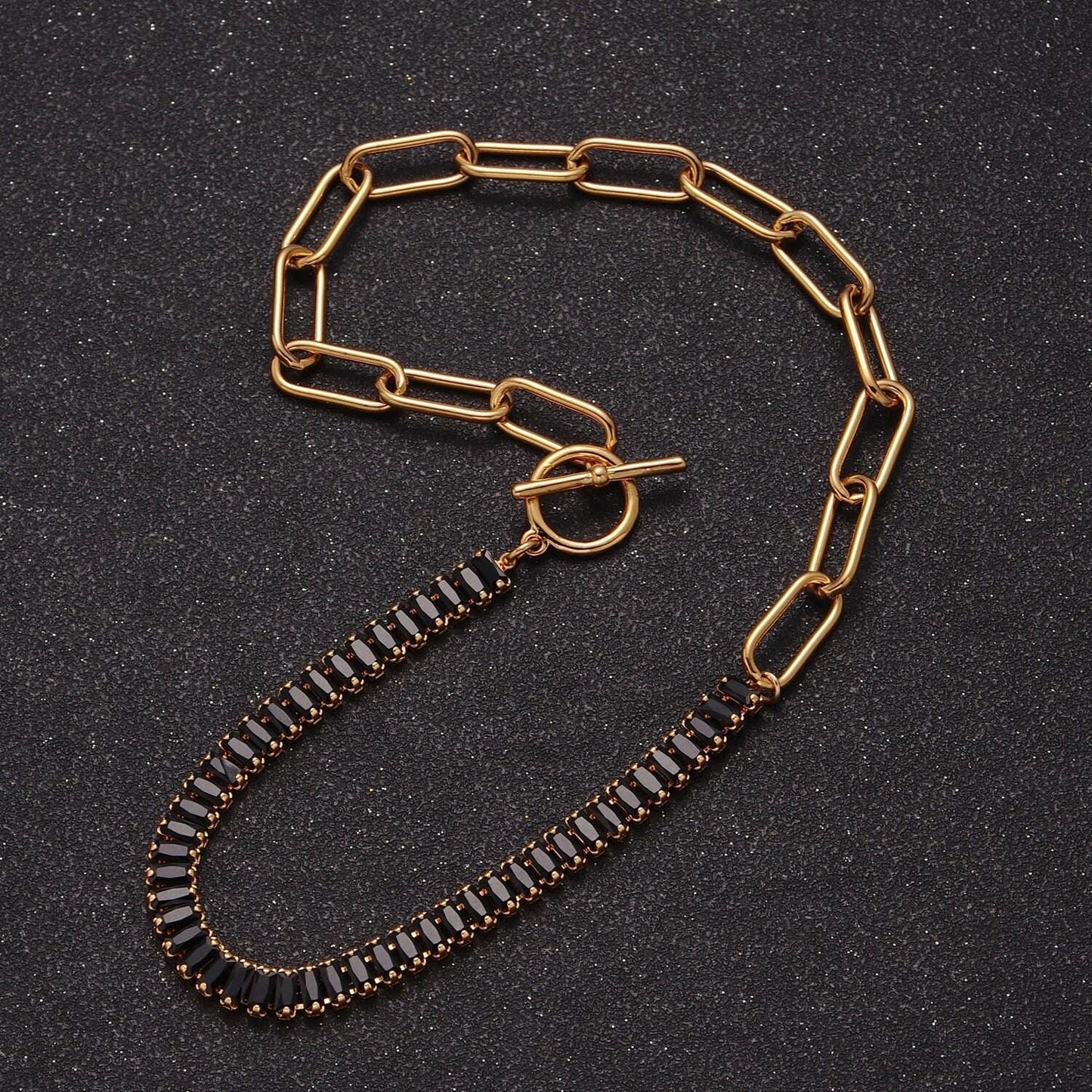 Half baguette tennis chain cz half paperclip gold filled chain necklace with toggle clasps, 15 inch fusion choker necklace, wa-945