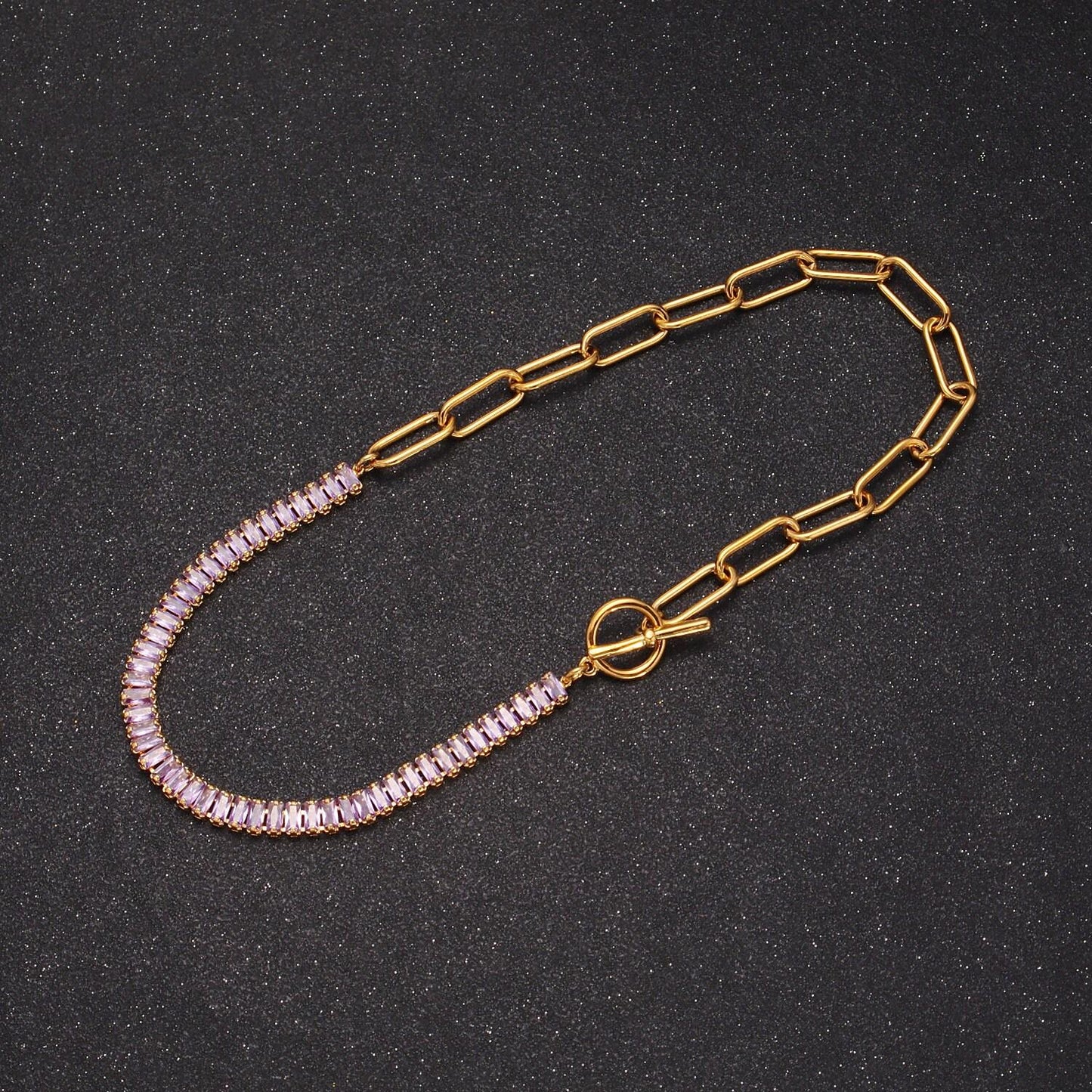 Half baguette tennis chain cz half paperclip gold filled chain necklace with toggle clasps, 15 inch fusion choker necklace, wa-945
