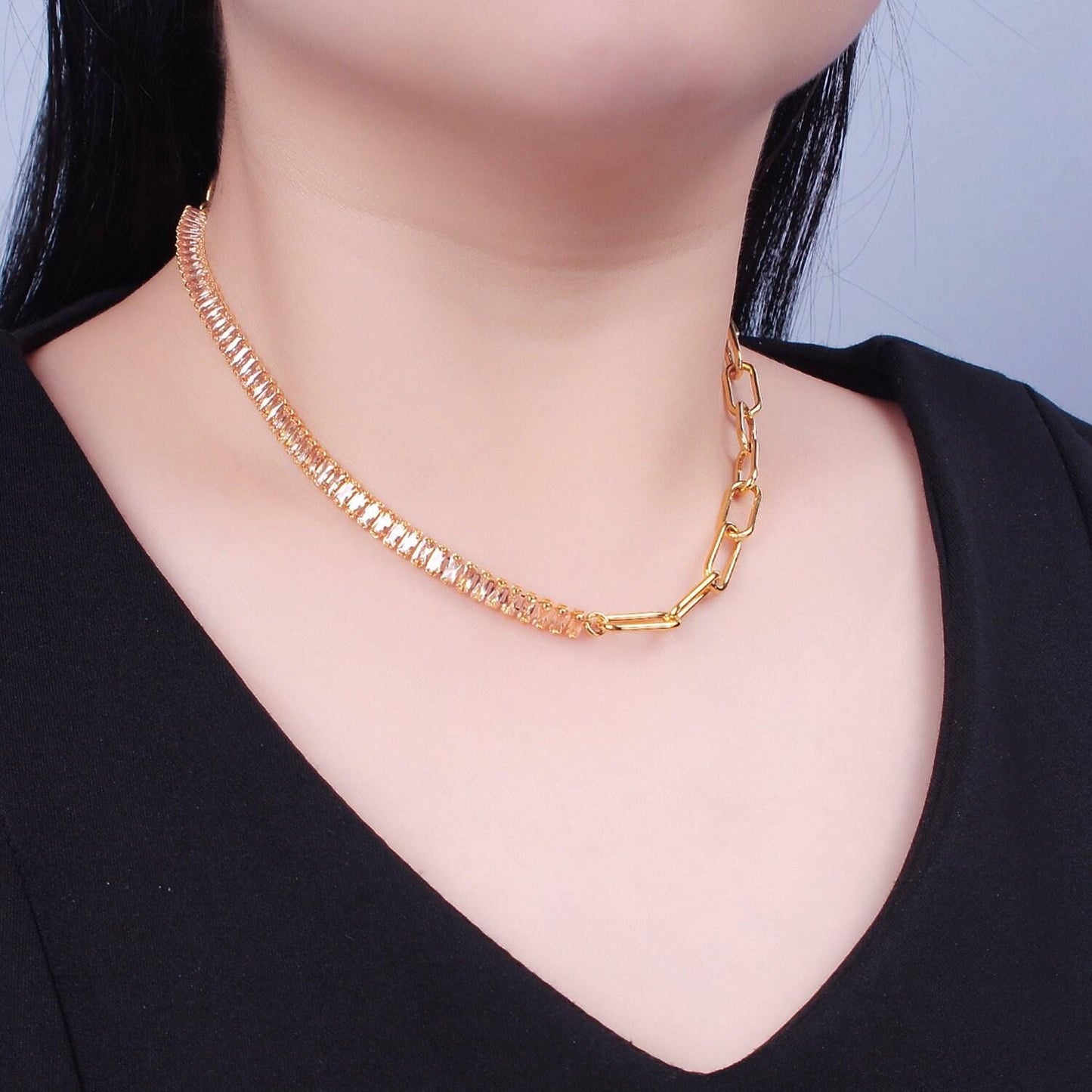 Half baguette tennis chain cz half paperclip gold filled chain necklace with toggle clasps, 15 inch fusion choker necklace, wa-945