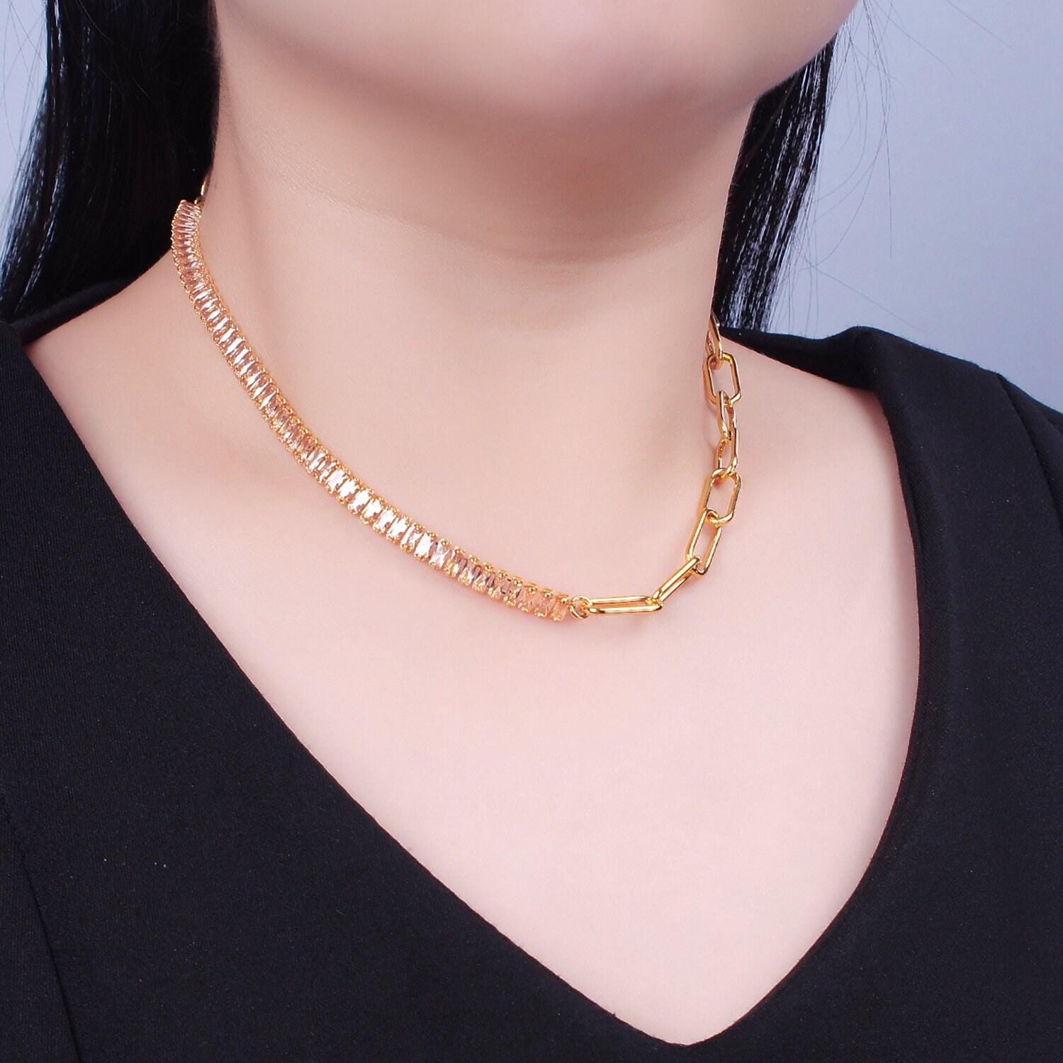 Half baguette tennis chain cz half paperclip gold filled chain necklace with toggle clasps, 15 inch fusion choker necklace, wa-945