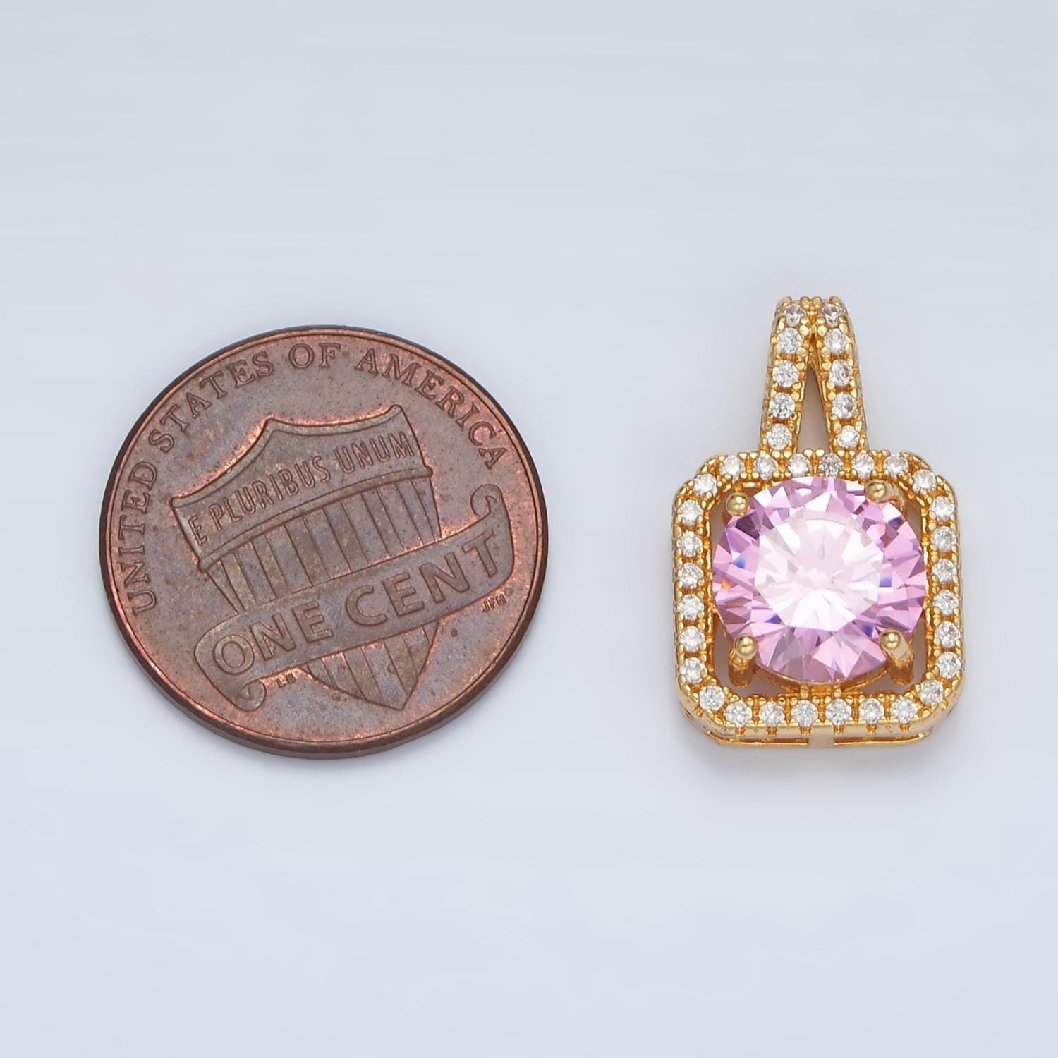 Cubic pink 24k gold filled solitaire micro pave pendant, large pink diamond solitaire cz stone pendant j539
