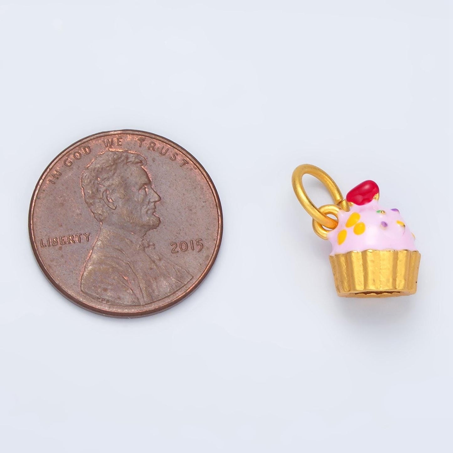 24k gold filled pink, sprinkled cover cupcake w/ cherry on top kids enamel charms | ag-922
