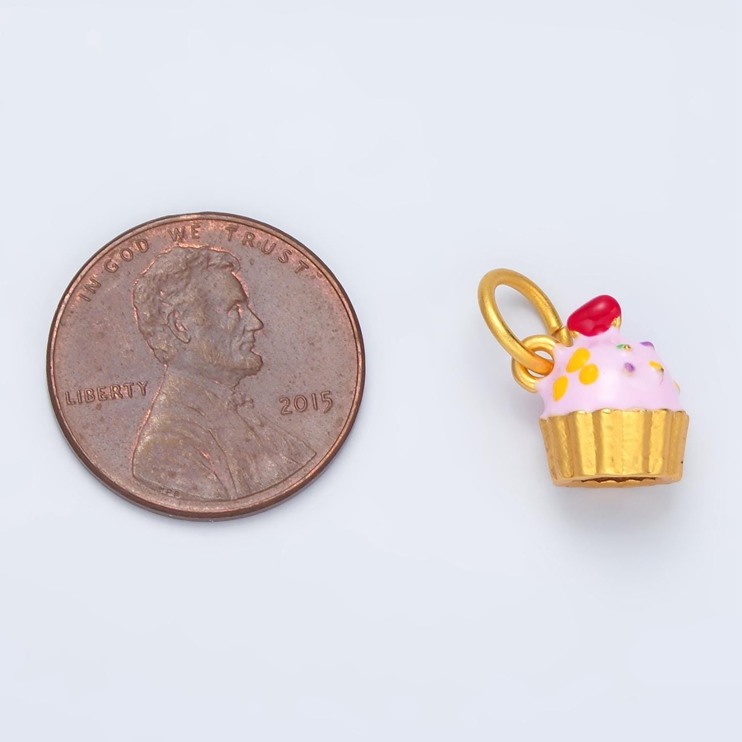 24k gold filled pink, sprinkled cover cupcake w/ cherry on top kids enamel charms | ag-922