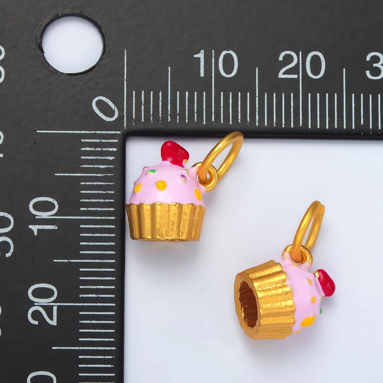 24k gold filled pink, sprinkled cover cupcake w/ cherry on top kids enamel charms | ag-922
