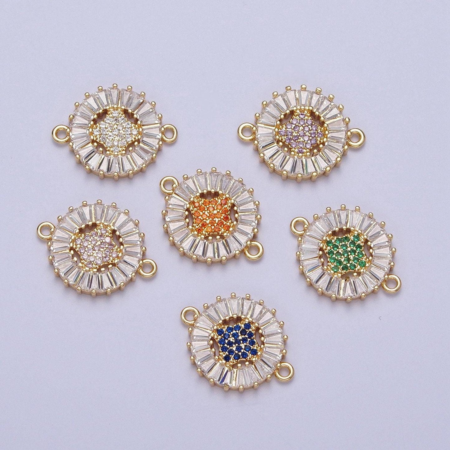 24k gold filled micro pave 4-point star diamond center link connector, baguette stone bracelet connector, round sunburst link connector