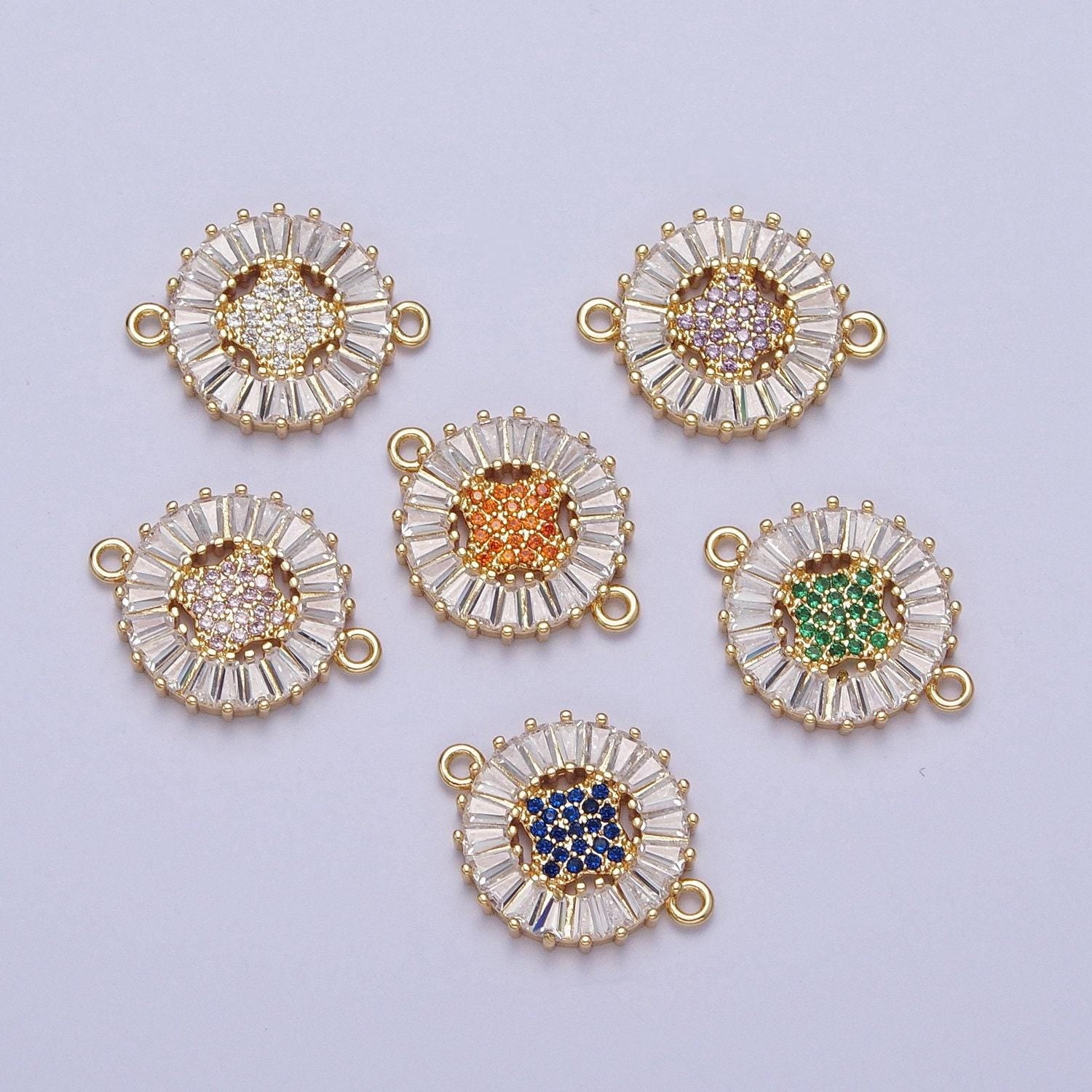 24k gold filled micro pave 4-point star diamond center link connector, baguette stone bracelet connector, round sunburst link connector