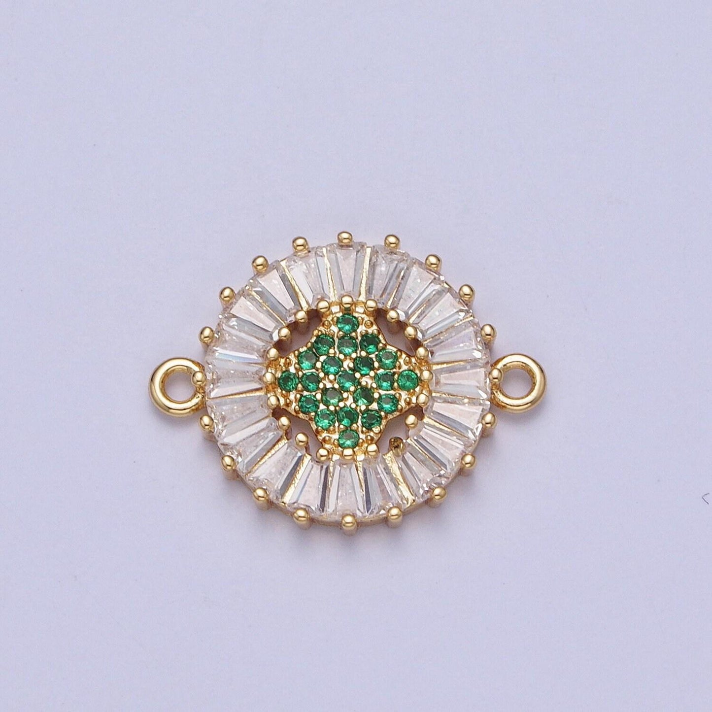 24k gold filled micro pave 4-point star diamond center link connector, baguette stone bracelet connector, round sunburst link connector