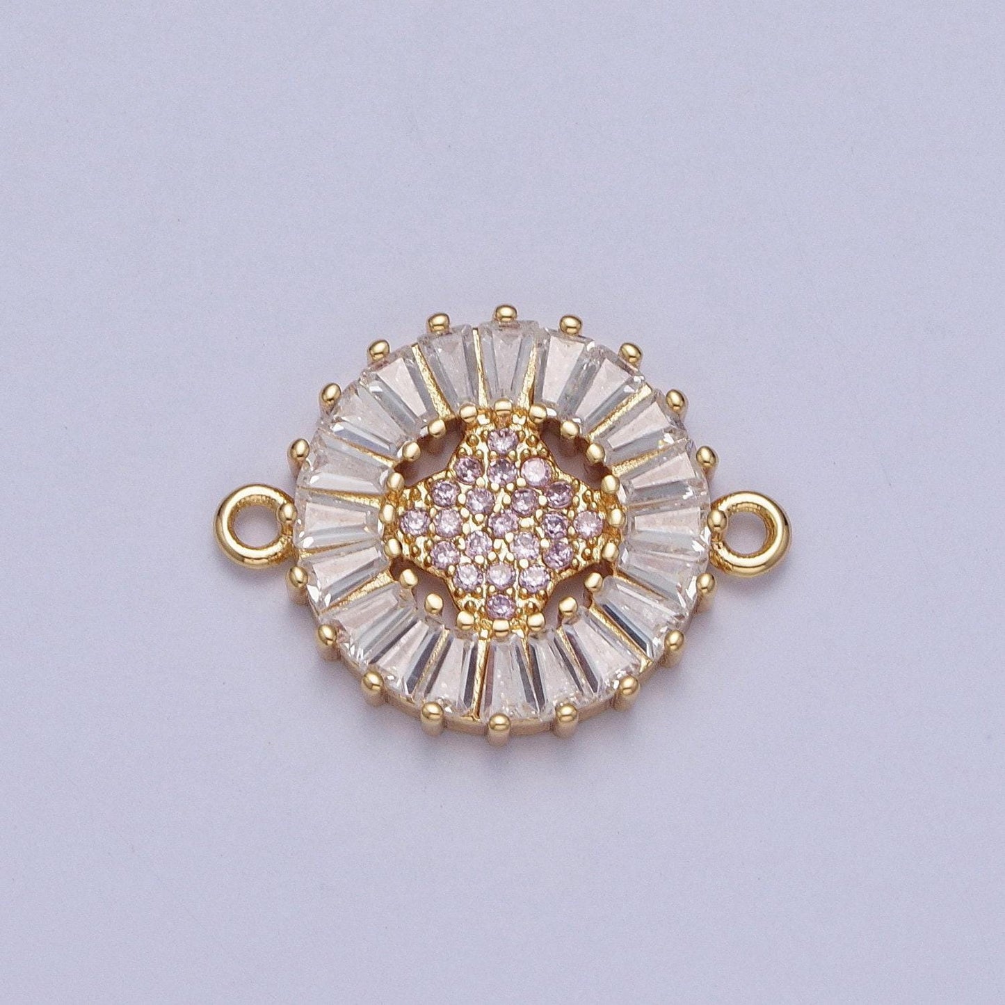 24k gold filled micro pave 4-point star diamond center link connector, baguette stone bracelet connector, round sunburst link connector