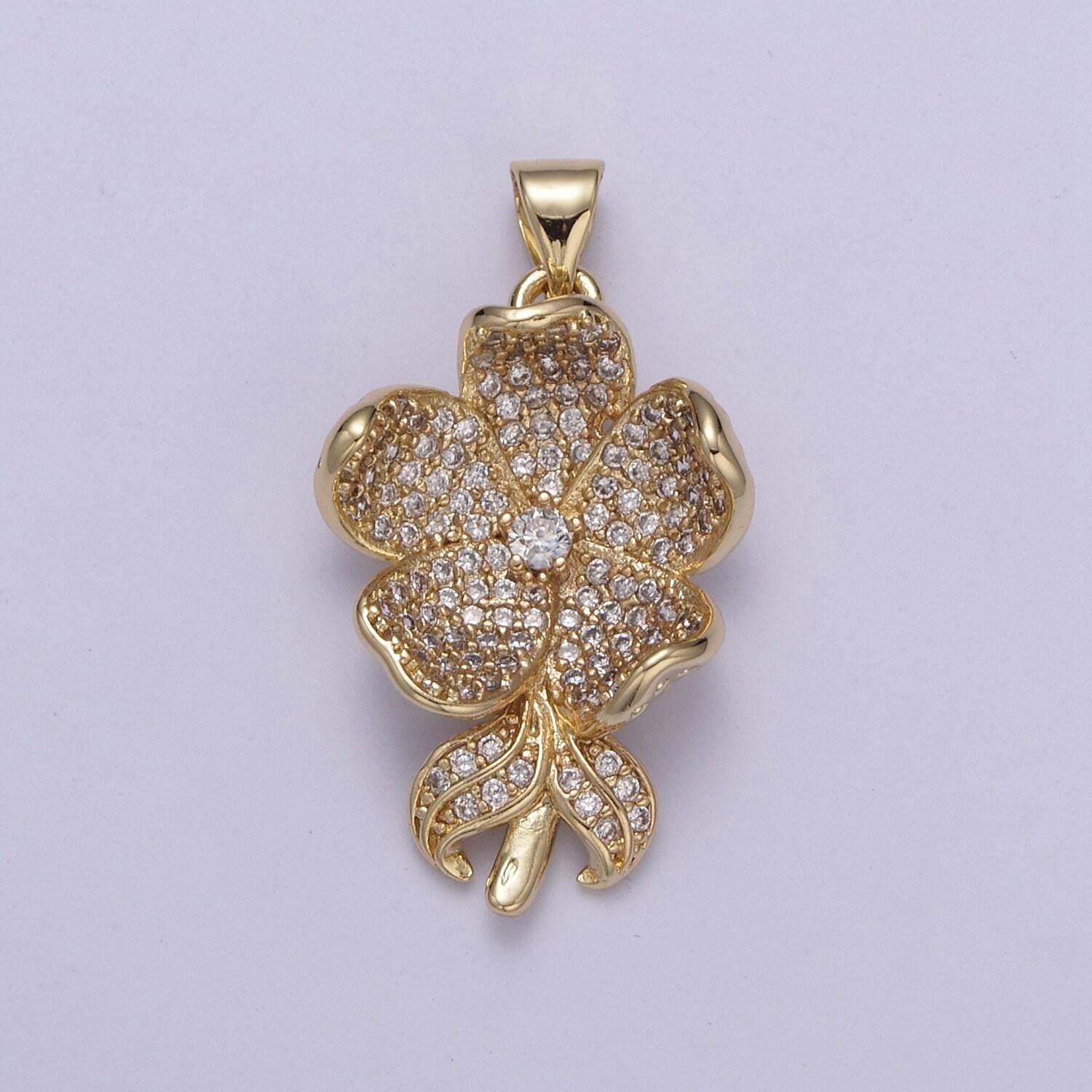 Dainty clear / pink five flower petal pendant for necklace in 24k gold filled h-250 / h-254